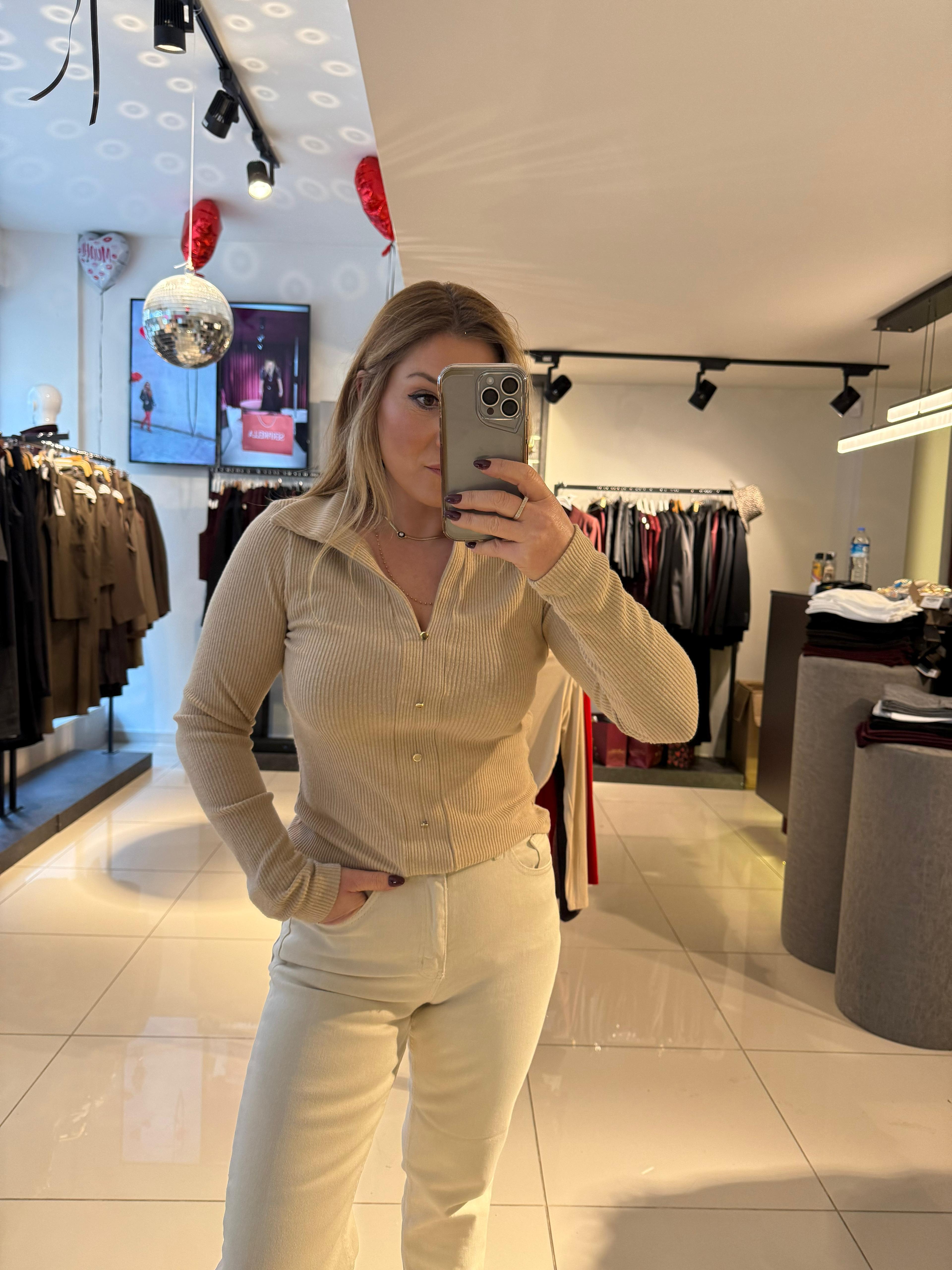 Bluz31436 Polo Yaka Düğme Detaylı Top Bej