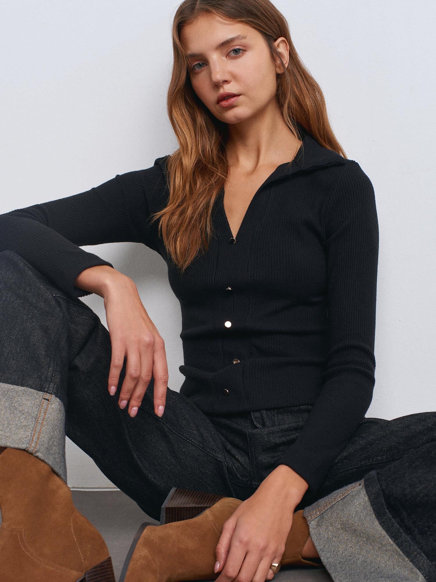 Bluz31436 Polo Yaka Düğme Detaylı Top Siyah
