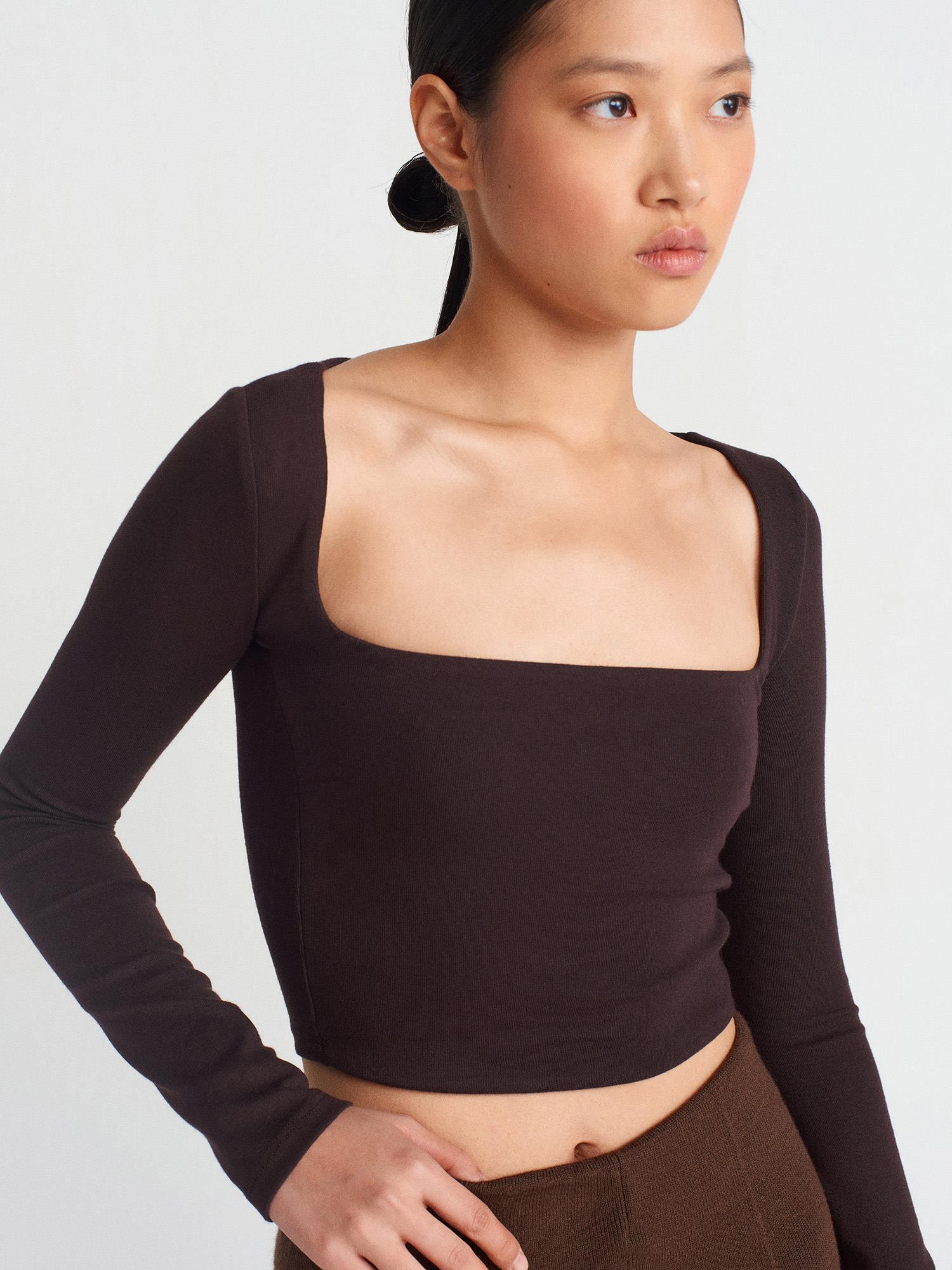 Kazak31507 Uzun Kollu Top Bluz Kahve
