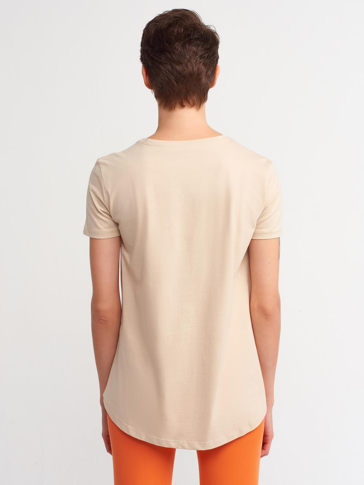 T-Shirt3471 Bisiklet Yaka Basic T-Shirt Bej