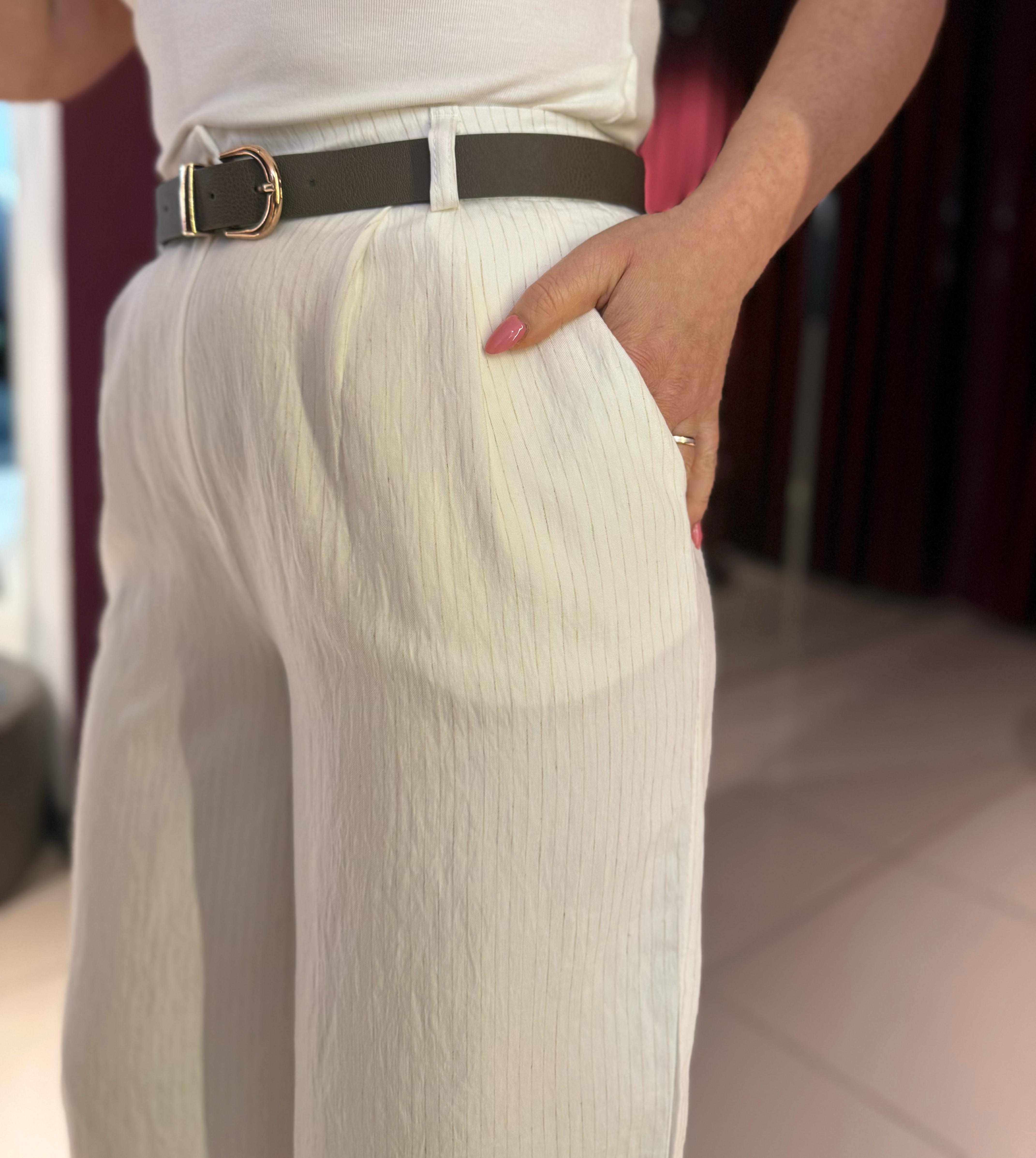 Pantolon3779 Çizgili Kemerli Kumaş Pantolon Beyaz