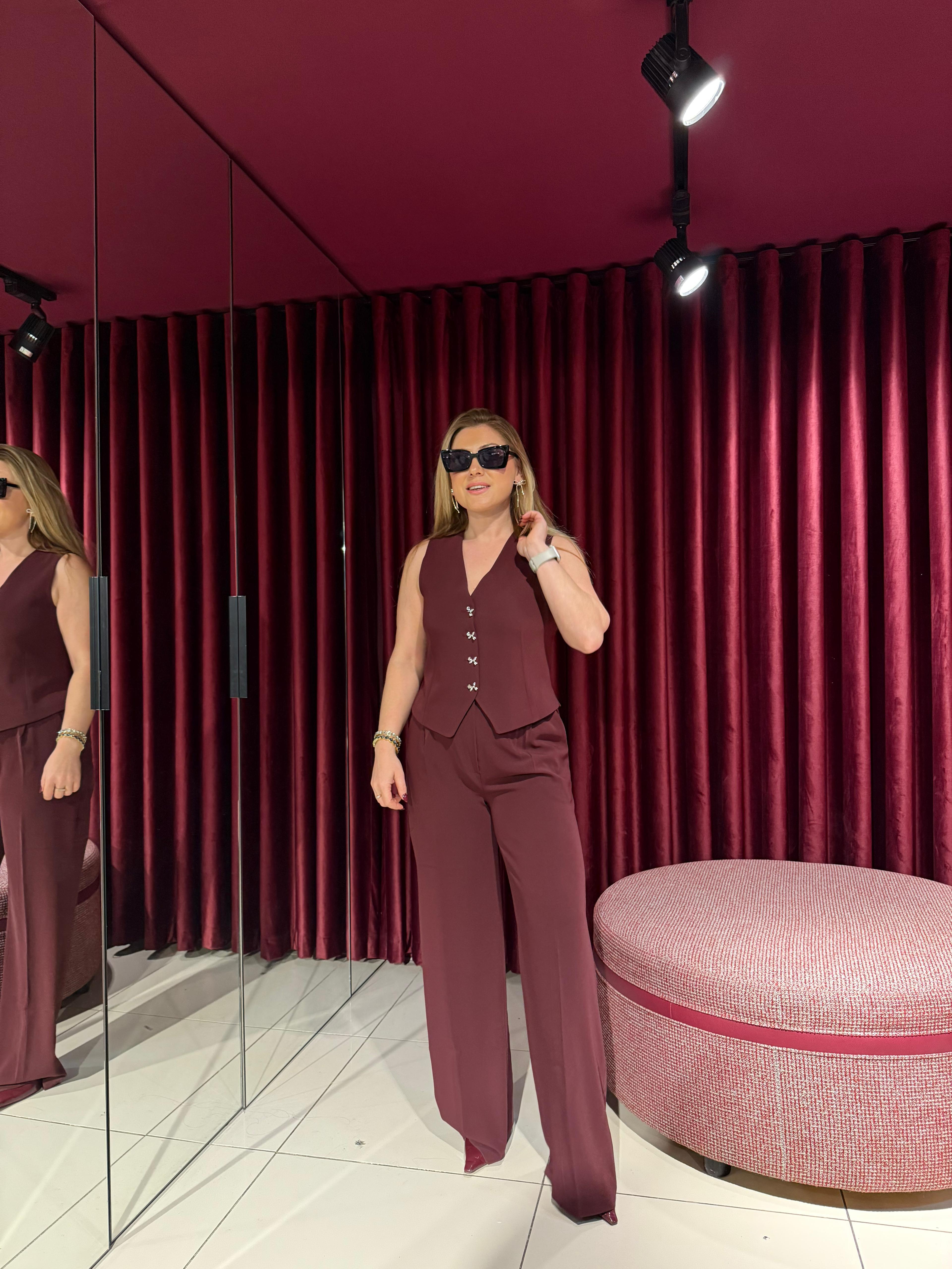 Takım8536 Fiyonk Detay Yelek Pantolon Takım Bordo