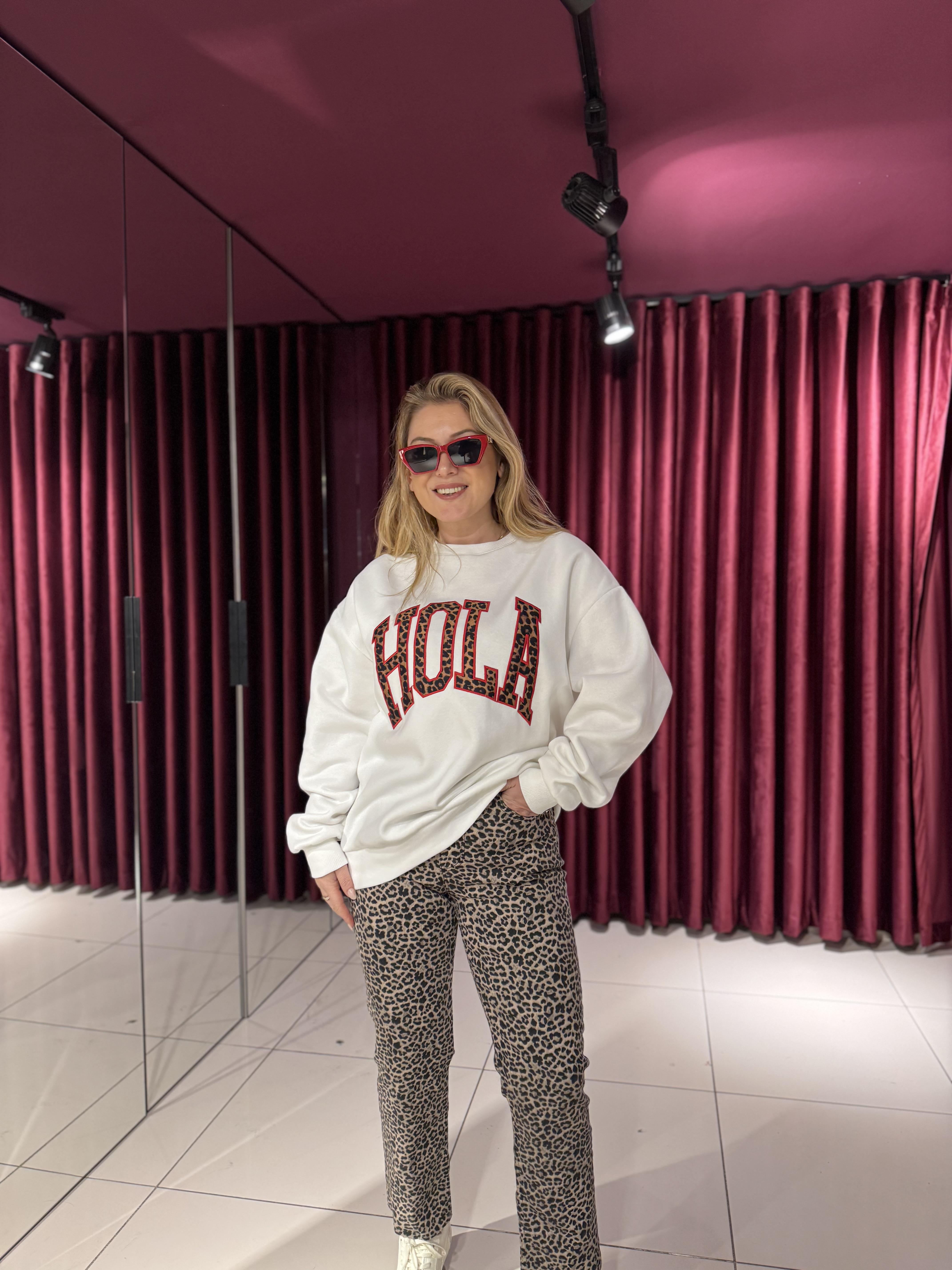 Sweat-Shirt9025 Hola Leopar Detay Sweat Ekru