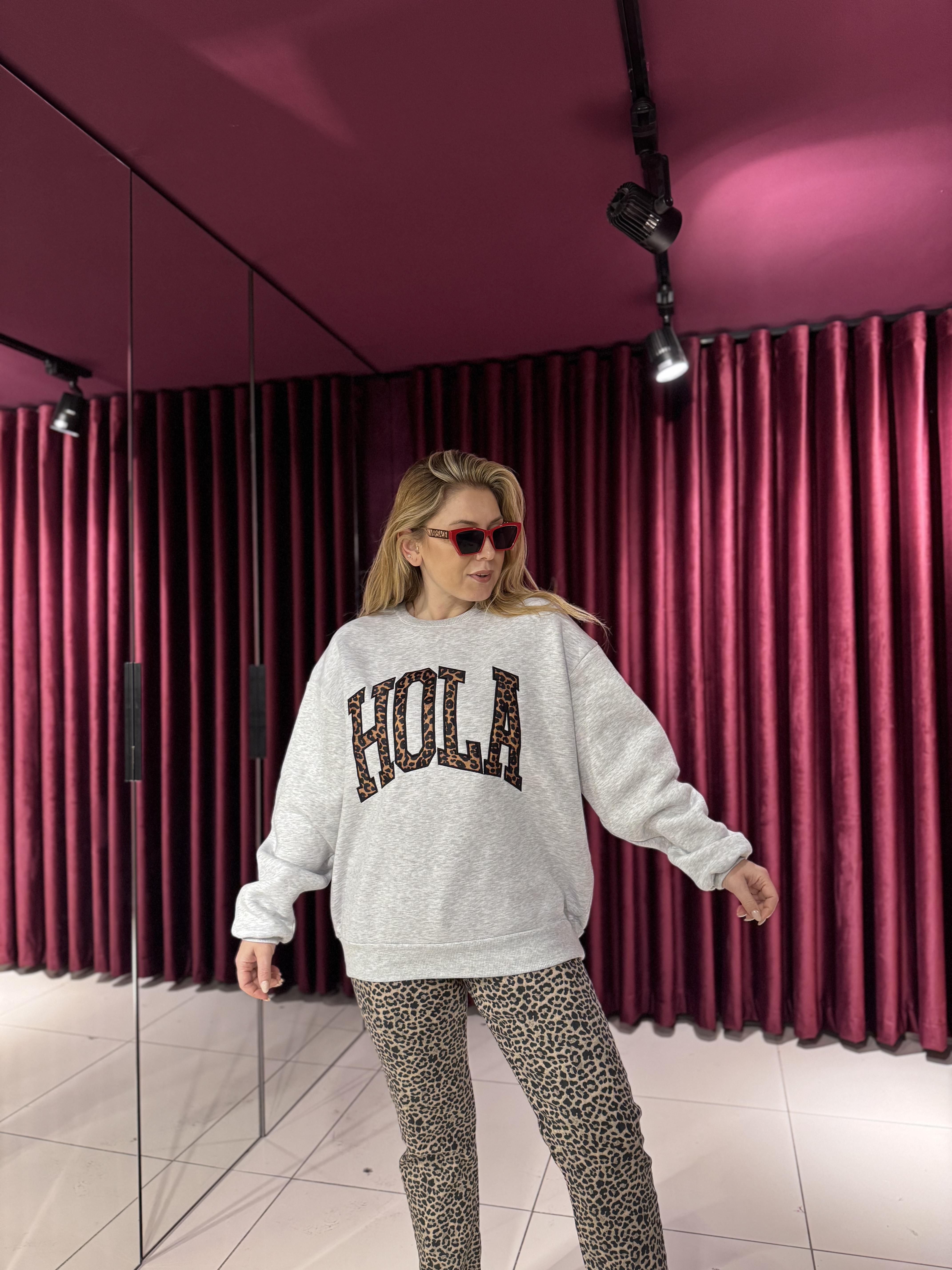 Sweat-Shirt9025 Hola Leopar Detay Sweat Gri