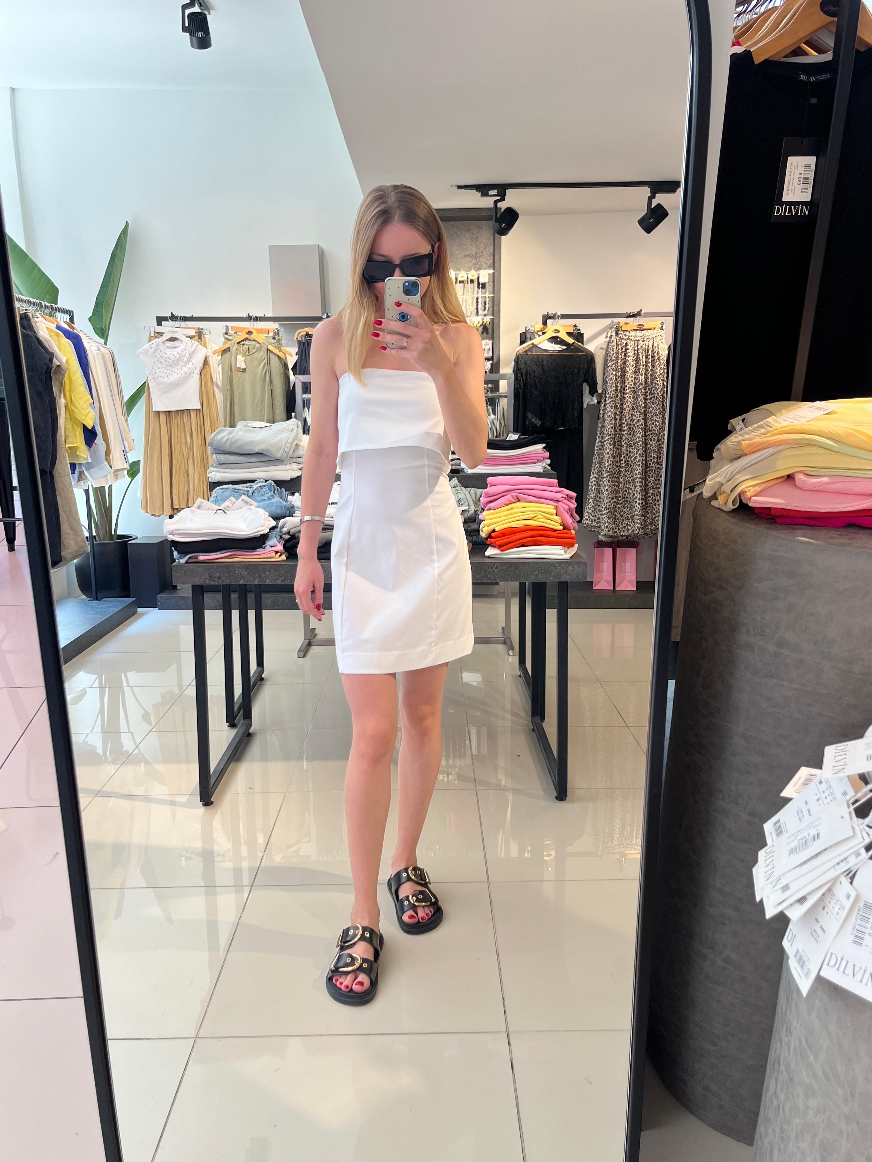 Kısa Elbiseler91231 Straplez Mini Elbise Beyaz