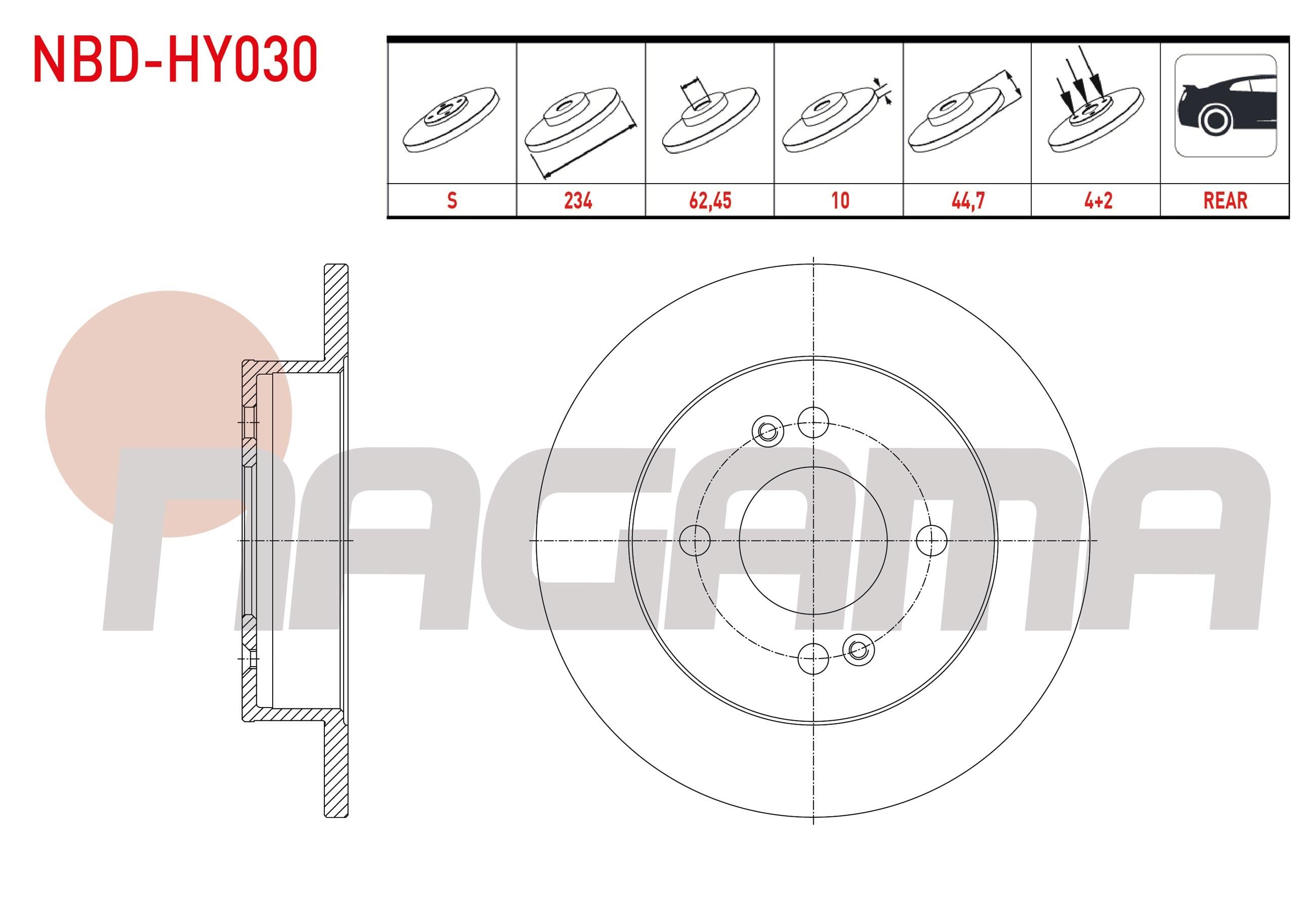 FREN DISKI ARKA DUZ 4 BJN 234X10X62,45X44,7 HYUNDAI I10 (BA) 1.0 D-CVVT - 1.2 D-CVVT 2013- / I10 (PA) 1.1i 12V - 1.1 CRDI 2008-2013