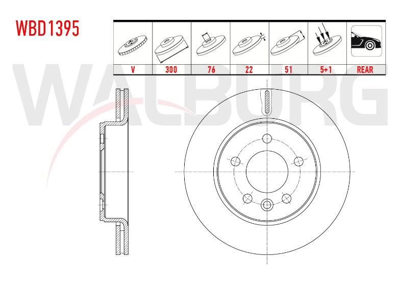 FREN DISKI ARKA HAVALI 5 BİJON 300X22X76X51 VW AMAROK 3.0 TDI V6 2017- / AMAROK 2.0 TDI 2010- / AMAROK 2.0 BITDI 2010- / CRAFTER 50 2.0 TDI 2018- /