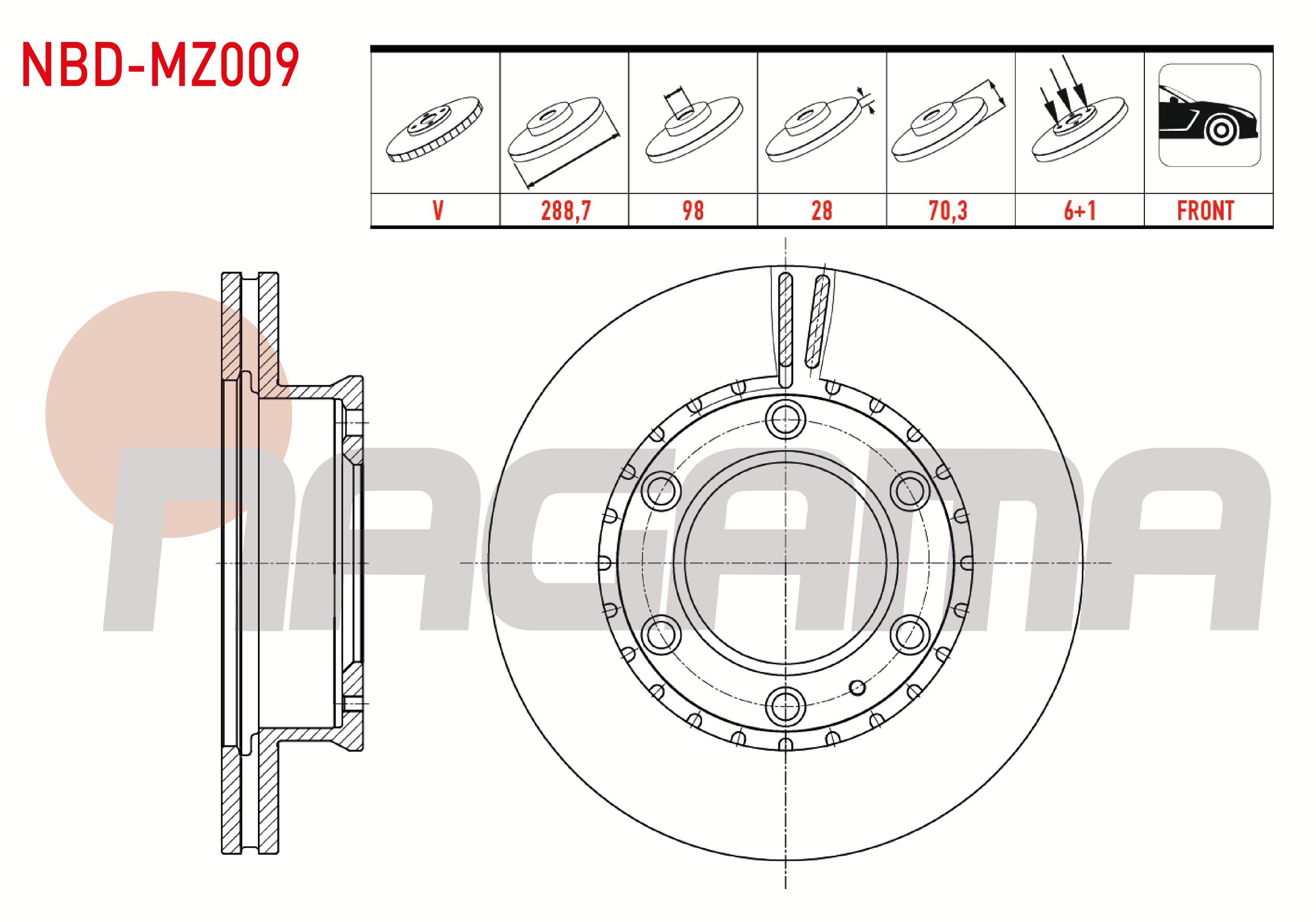 FREN DISKI ON HAVALI 6 BJN 288,7X28X98X70,3 MAZDA B SERISI (UN) 2.5 D 4X4 1998-2006 / FORD RANGER 2.5 TDCI - 2.2 TDCI - 3.0 TDCI 4X4 2002-2006