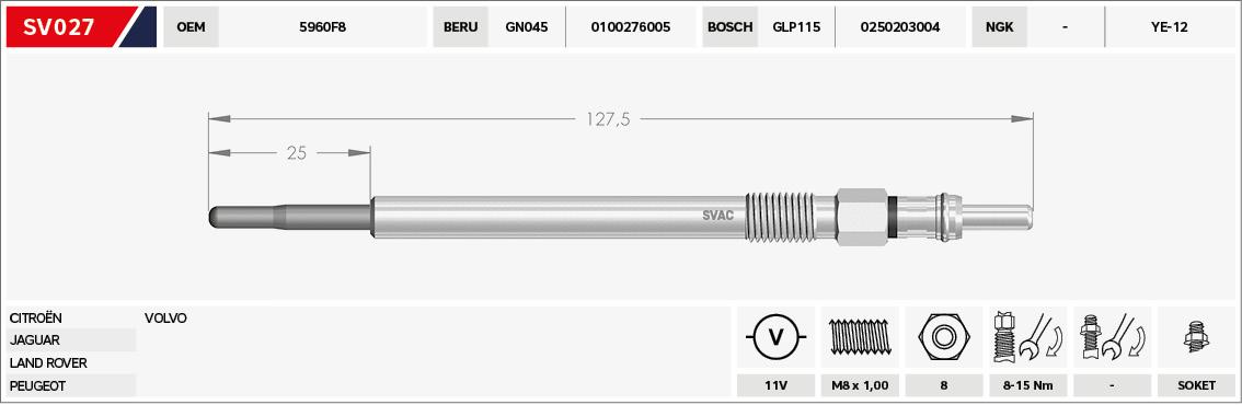 ISITMA KIZDIRMA BUJİSİ 11V LAND ROVER RANGE ROVER DISCOVERY III-IV SPORT 2.7 TD-3.6 D GN045 0 100 276 005 GLP115 0 250 203 004 - YE-12