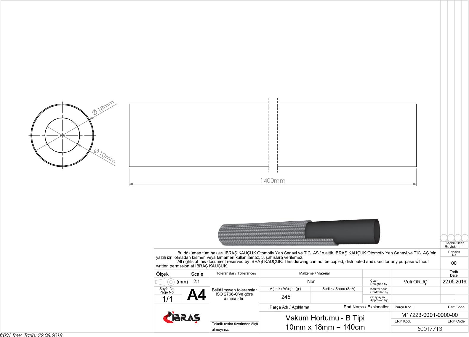 VAKUM HORTUMU
B / TİPİ
10mm x 18mm =140cm PEUGEOT J9  2.5 D.