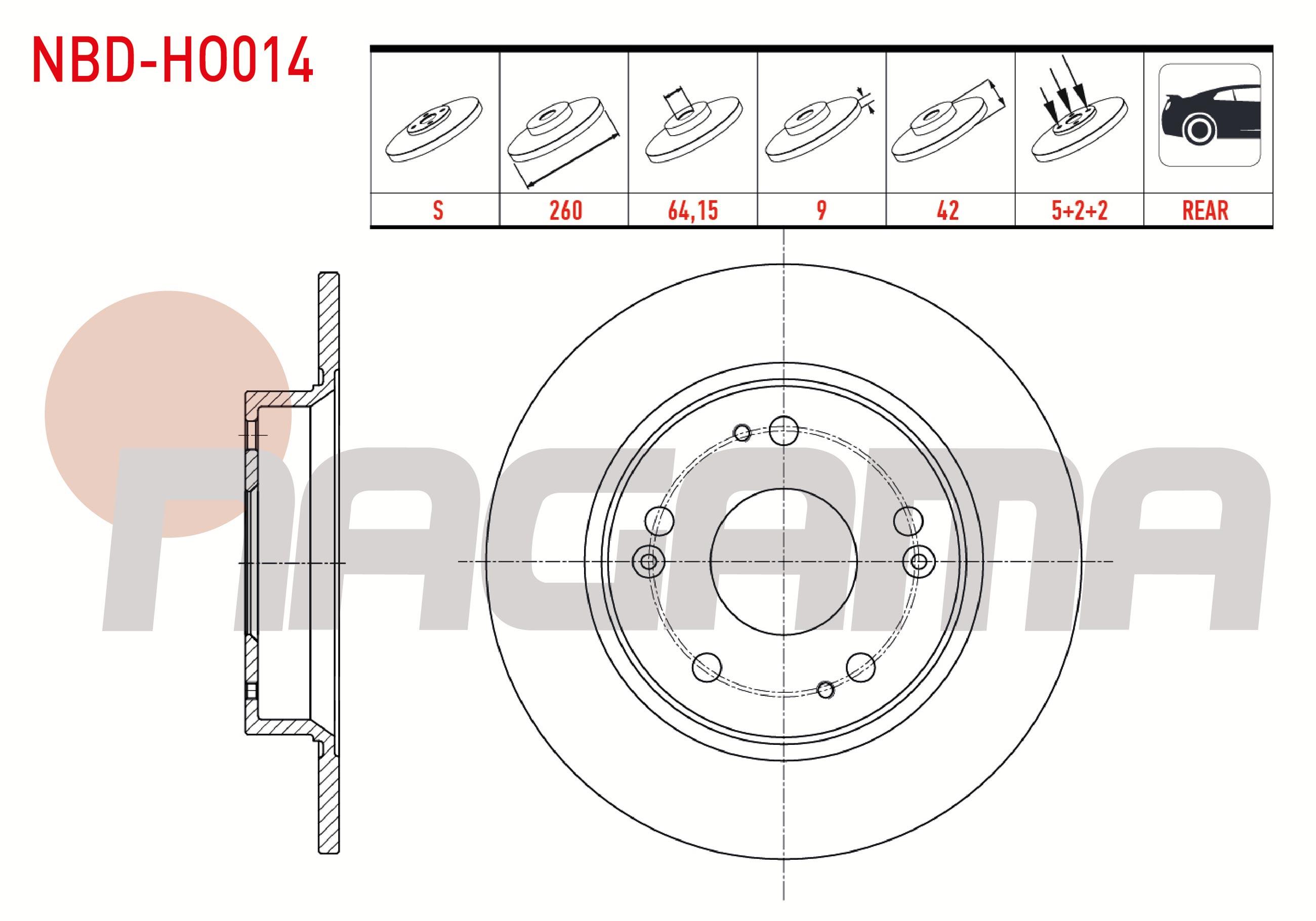 FREN DISKI ARKA DUZ 5 BJN 260X9X64,15X42 HONDA CIVIC IX 1.6i - 1.4i - 1.8 2012-2016/ CIVIC VIII 1.6 - 1.4 2005-2012/ CIVIC VII 1.8 I-VTEC - 2.0 I-VTEC 2000-2006