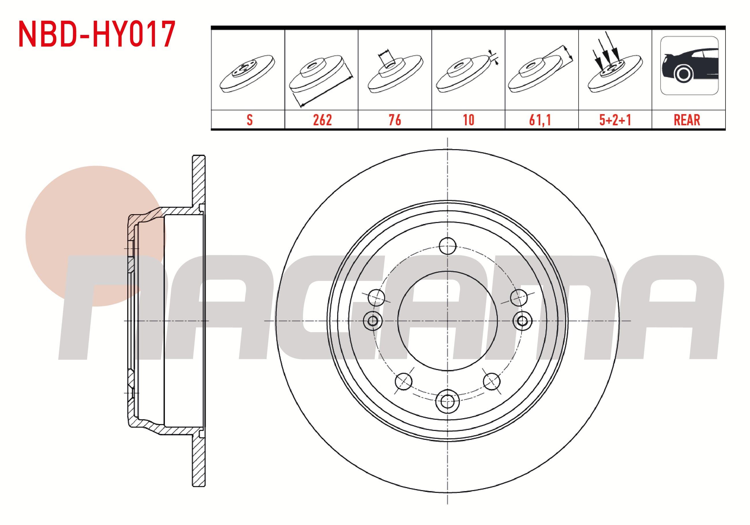 FREN DISKI ARKA DUZ 5 BJN 262X10X76X61,1 HYUNDAI I30 1.4i - 1.6i - 1.6 CRDI 2007-2011/ IX35 1.6 GDI 4X2 17 JANT 2010-/ KIA CEED 1.4i - 1.6i - 1.6 CRDI 2006-2012 / SPORTAGE 1.6 GDI 4X2 17 JANT 2010-