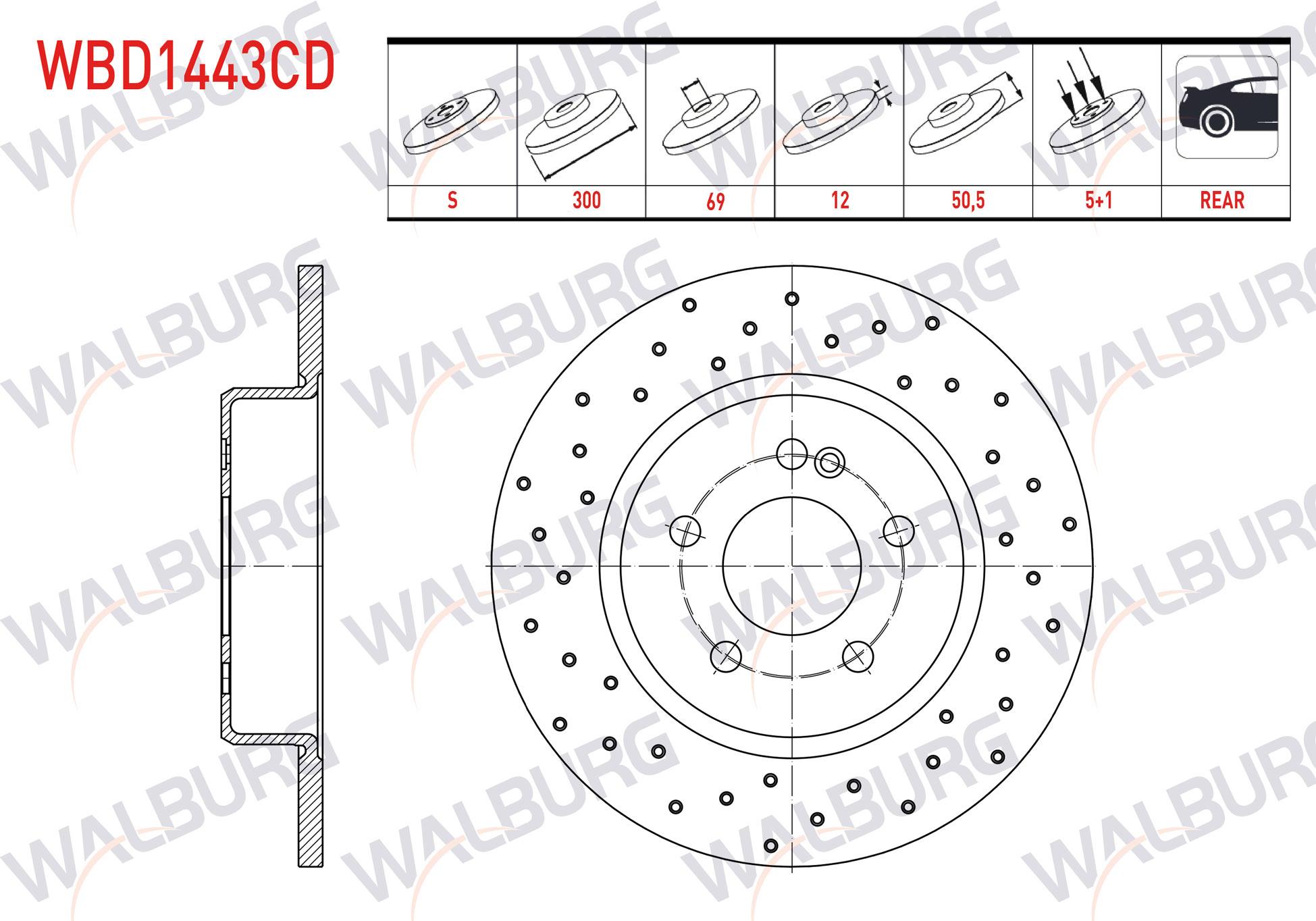 FREN DISKI ARKA DUZ KAPLAMALI PERFORMANS DELIKLI 5 BJN 300X12X69X50,5 MERCEDES C SERISI (W205) 180 - 200 BlueTEC - 200 D 2014-