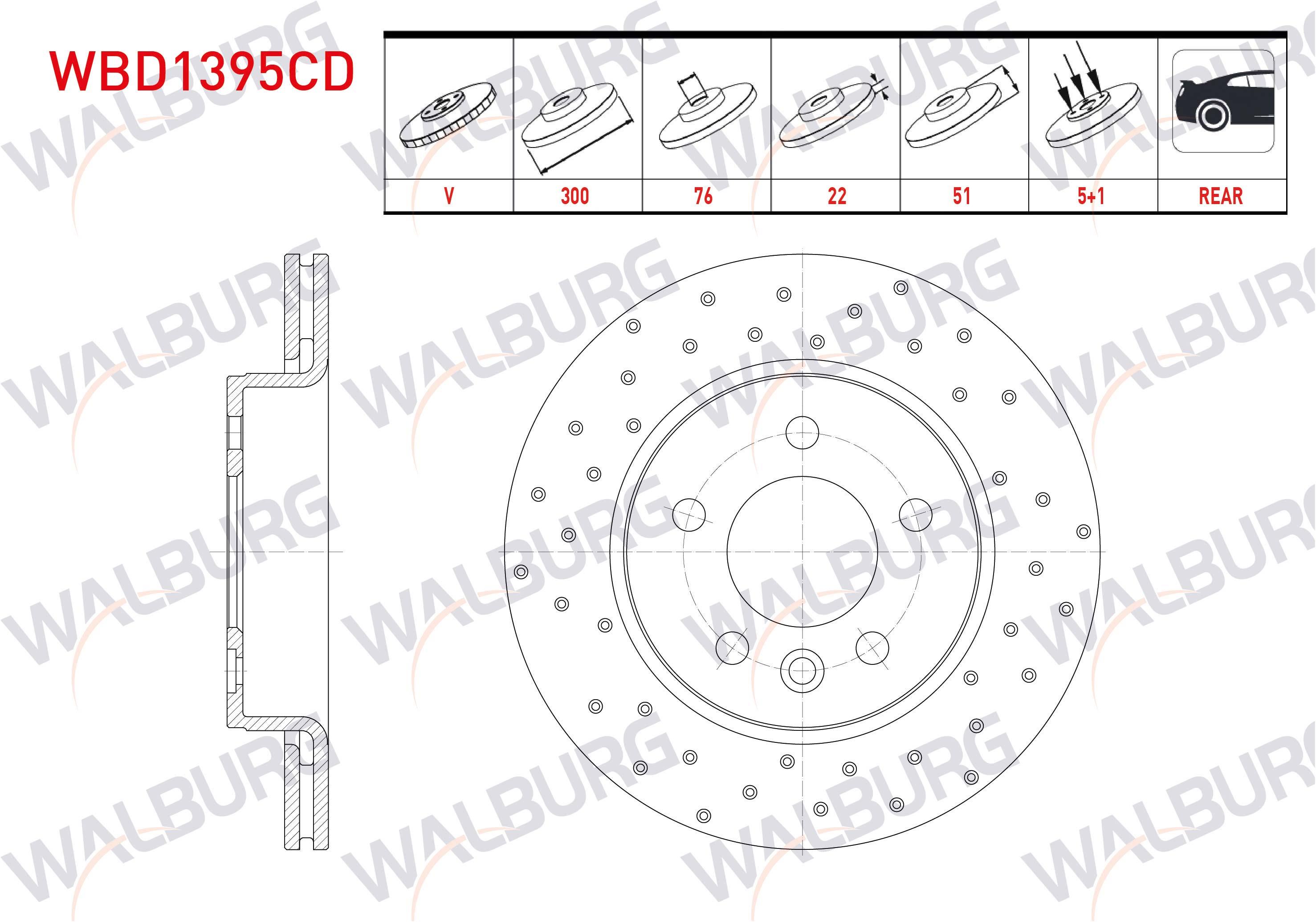 FREN DISKI ARKA HAVALI KAPLAMALI PERFORMANS DELIKLI 5 BJN 300X22X76X51 VOLKSWAGEN AMAROK 2.0 TDI 2010-