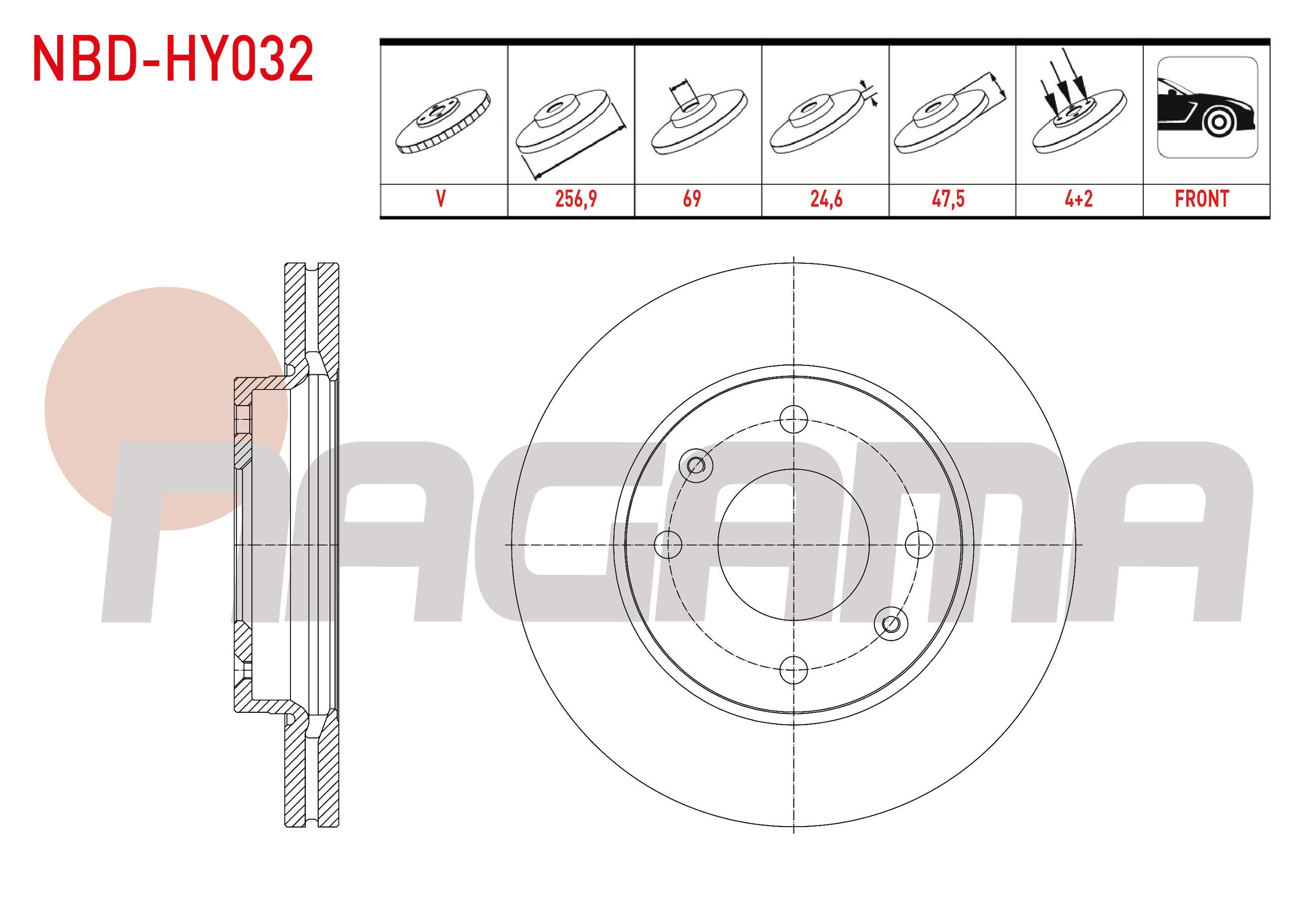 FREN DISKI ON HAVALI 4 BJN 256,9X24,6X69X47,5 HYUNDAI ELANTRA 1.6i 2001-2007/ SONATA 2.0i 2001-2004/ KIA MAGENTIS 2.0i 2001-2005