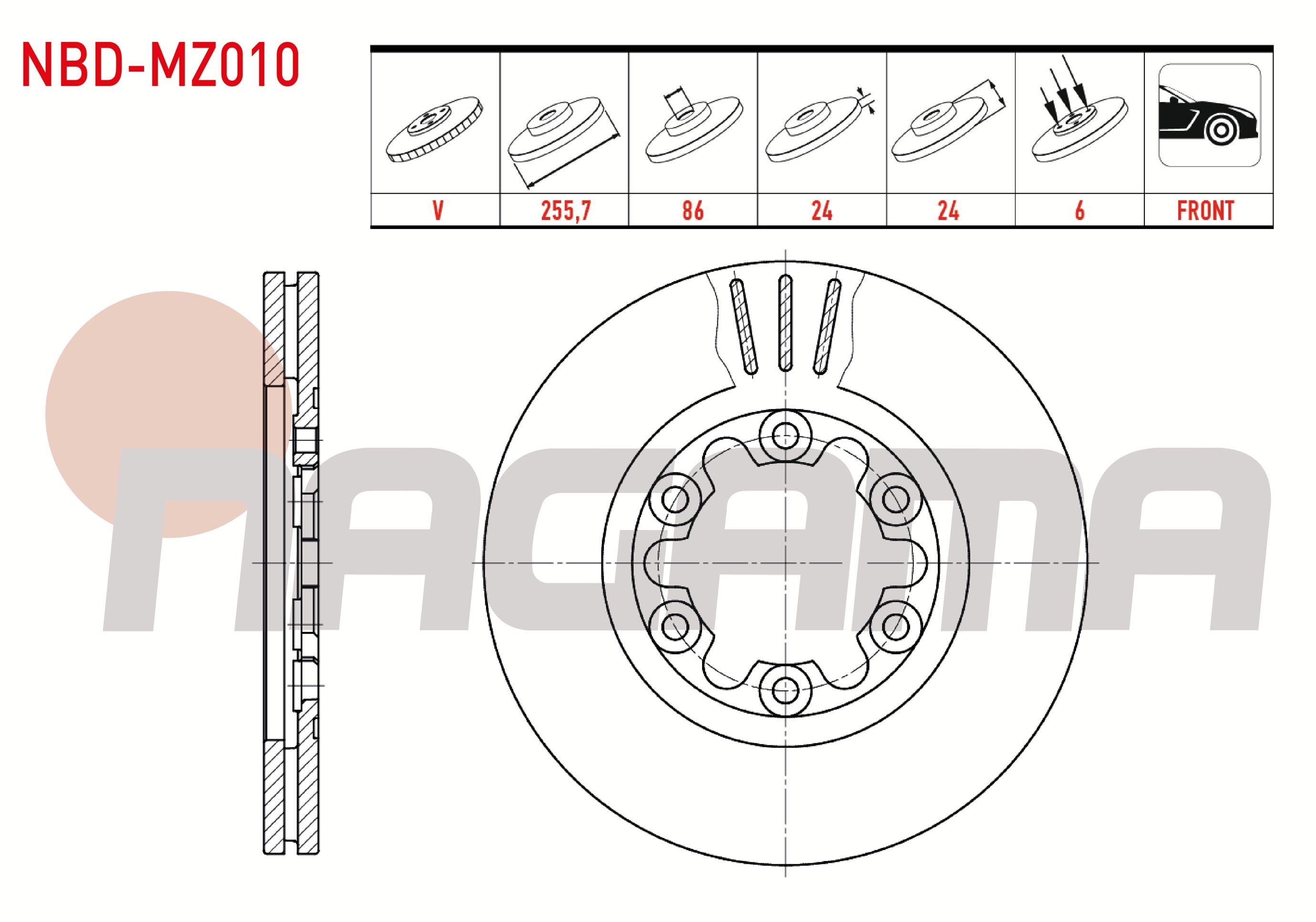 FREN DISKI ON HAVALI 6 BJN 255,7X24X86X24 MAZDA B SERISI (UN) 2.5 D 1998-2006 / FORD RANGER 2.5 TDCI - 2.2 TDCI - 3.0 TDCI 4X4 2002-2006