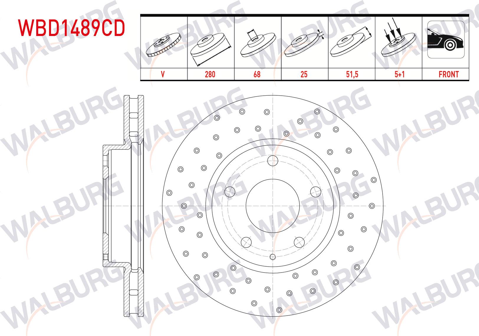 FREN DISKI ON HAVALI KAPLAMALI PERFORMANS DELIKLI 5 BJN 280X25X68X51,5 MAZDA 3 (BM) 1.5 SkyActive-D - 1.5 SkyActive-G 2013- / CX-3 (DK) 1.5 SkyActive