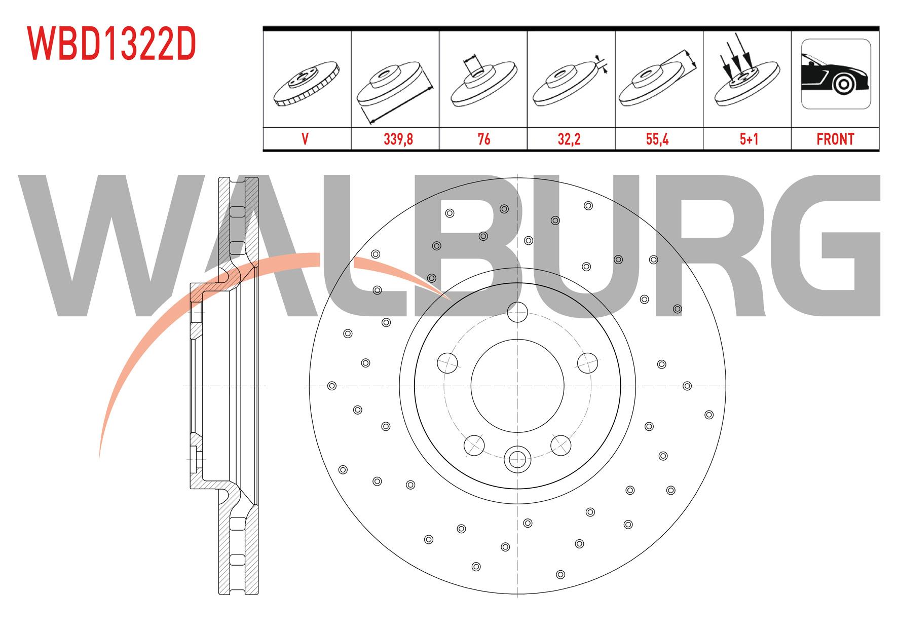 FREN DISKI ON HAVALI PERFORMANS DELIKLI 5 BJN 339,8X32,2X76X55,4 VOLKSWAGEN TRANSPORTER V 1.9 TDI - 2.0 TDI 2.4 2.5 TDI 2003-2015/TRANSPORTER VI 2.0 TDI 2015-/TRANSPORTER VII 2.0 TDI 2019-/MULTIVAN V
