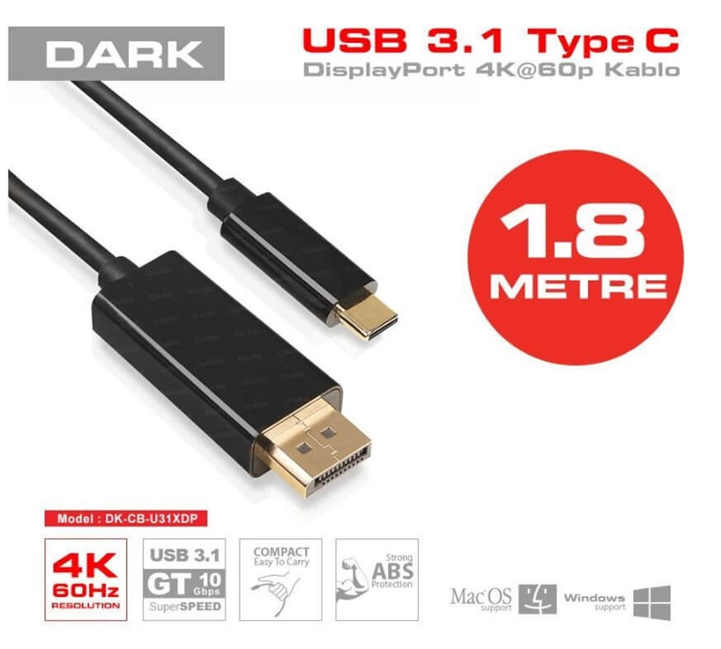 Dark 1.8M USB3.1 Type-C - Display Port 4K@60p Kablo