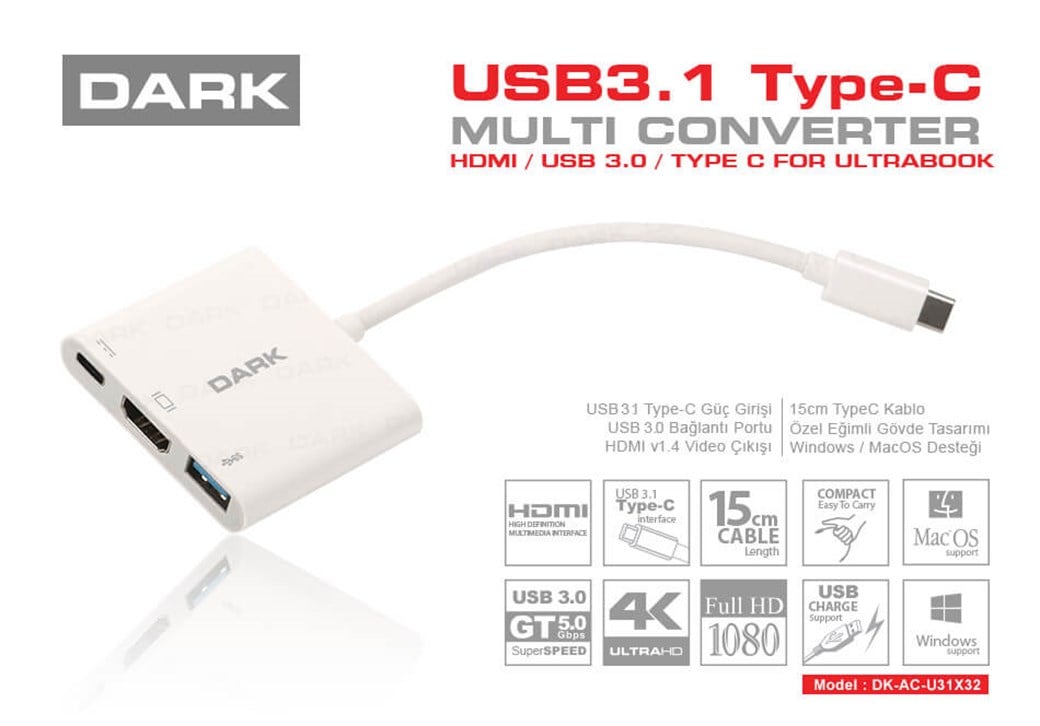 Dark 3in1 USB3.1 Type C Erkek - USB 3.0 / HDMI Dönüştürücü (4K UHD)/USB 3.1 Type C Şarj Dönüştürücü