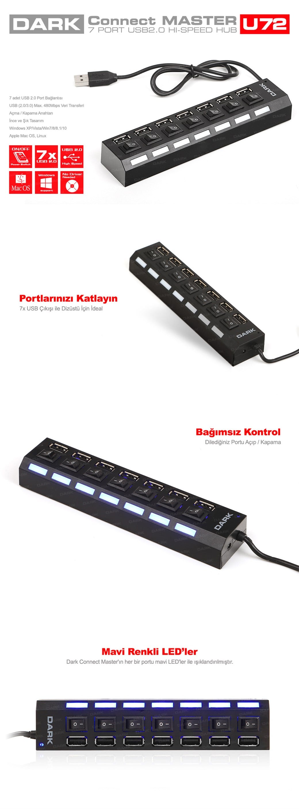 Dark Connect Master U72, 7 Port Anahtarlı USB Hub