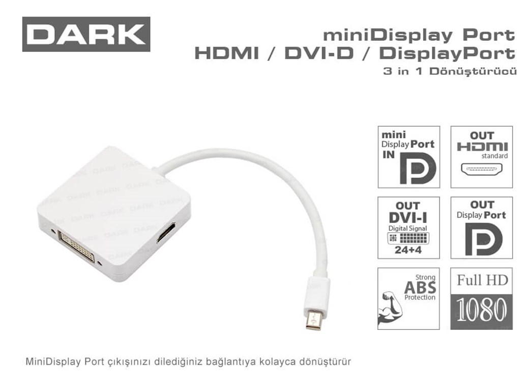 DARK MİNİ DISPLAY PORT DP/DVI/HDMI DÖNÜŞTÜRÜCÜ KABLO
