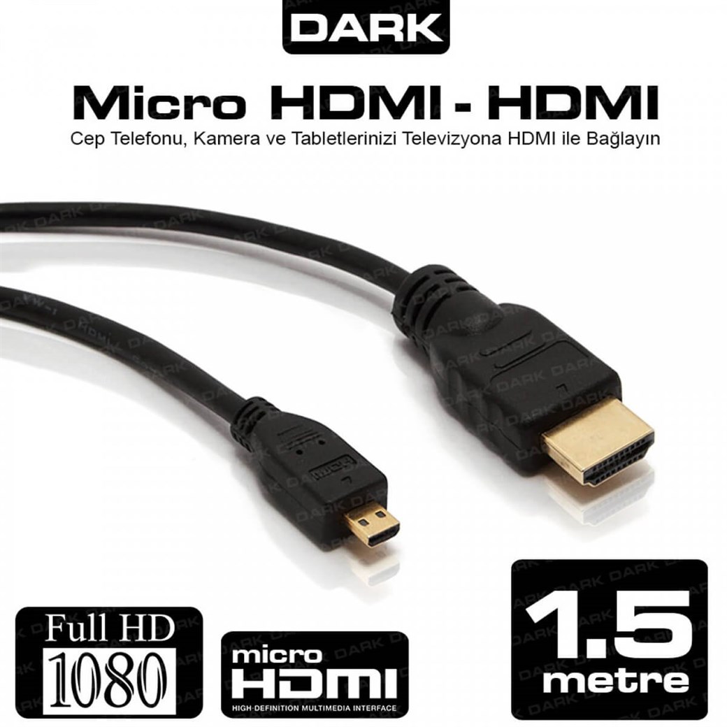 Dark Telefon/Tablet/PC için 1.5 Metre microHDMI - HDMI Kablo