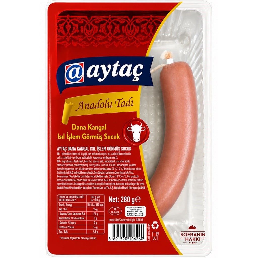Aytaç Geleneksel Dana Kangal Sucuk 280g Isıl İşlem Görmüş Sucuk