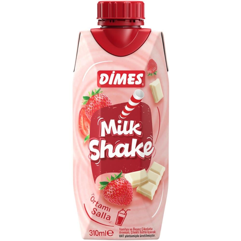 Dimes Milk Shake Vanilya Ve Beyaz Çikolatal Aromalı Çilekli İçecek 310 ml