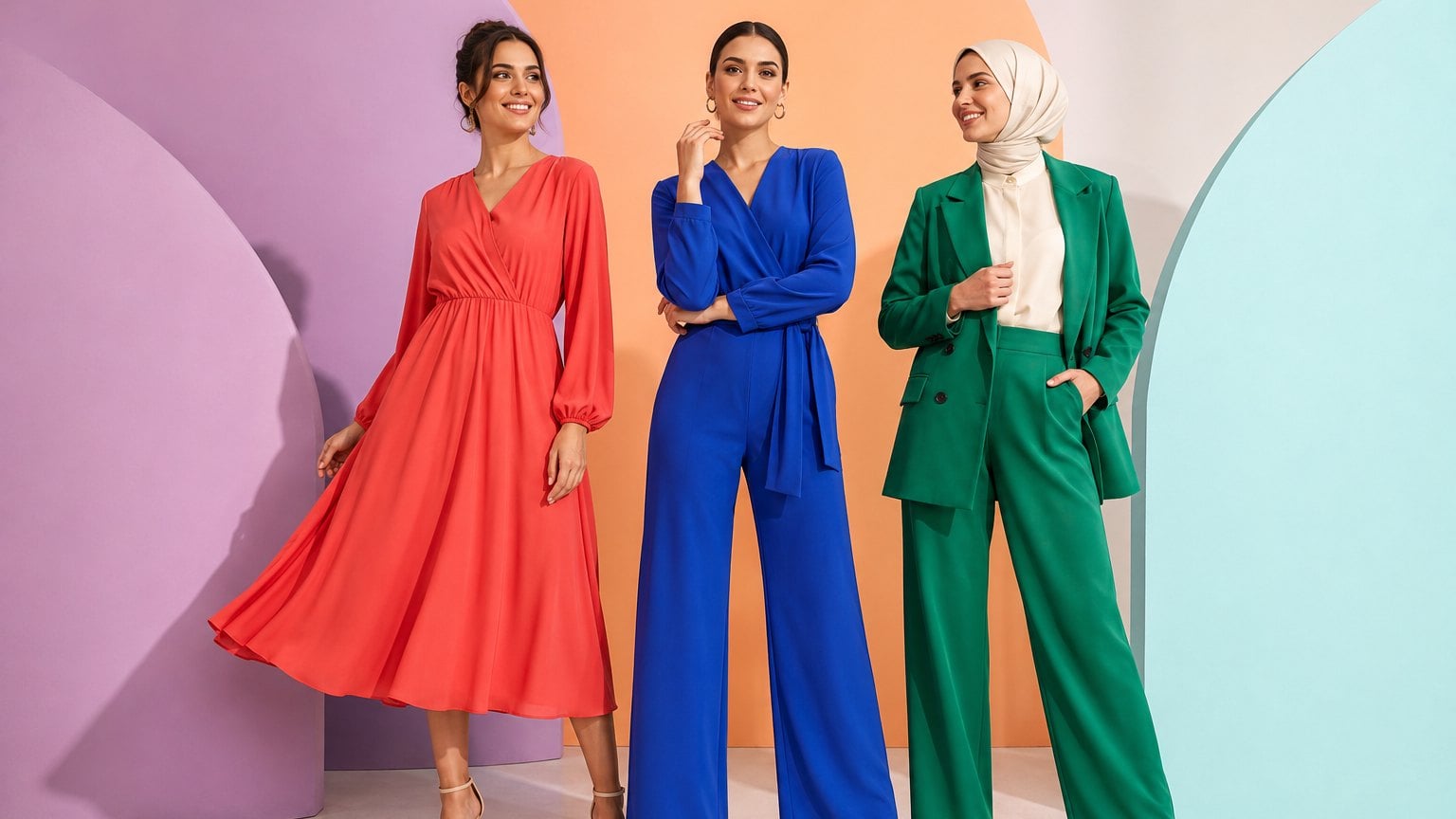 Mercan elbise,mavi tulum ve yeşil kadın takım modeli