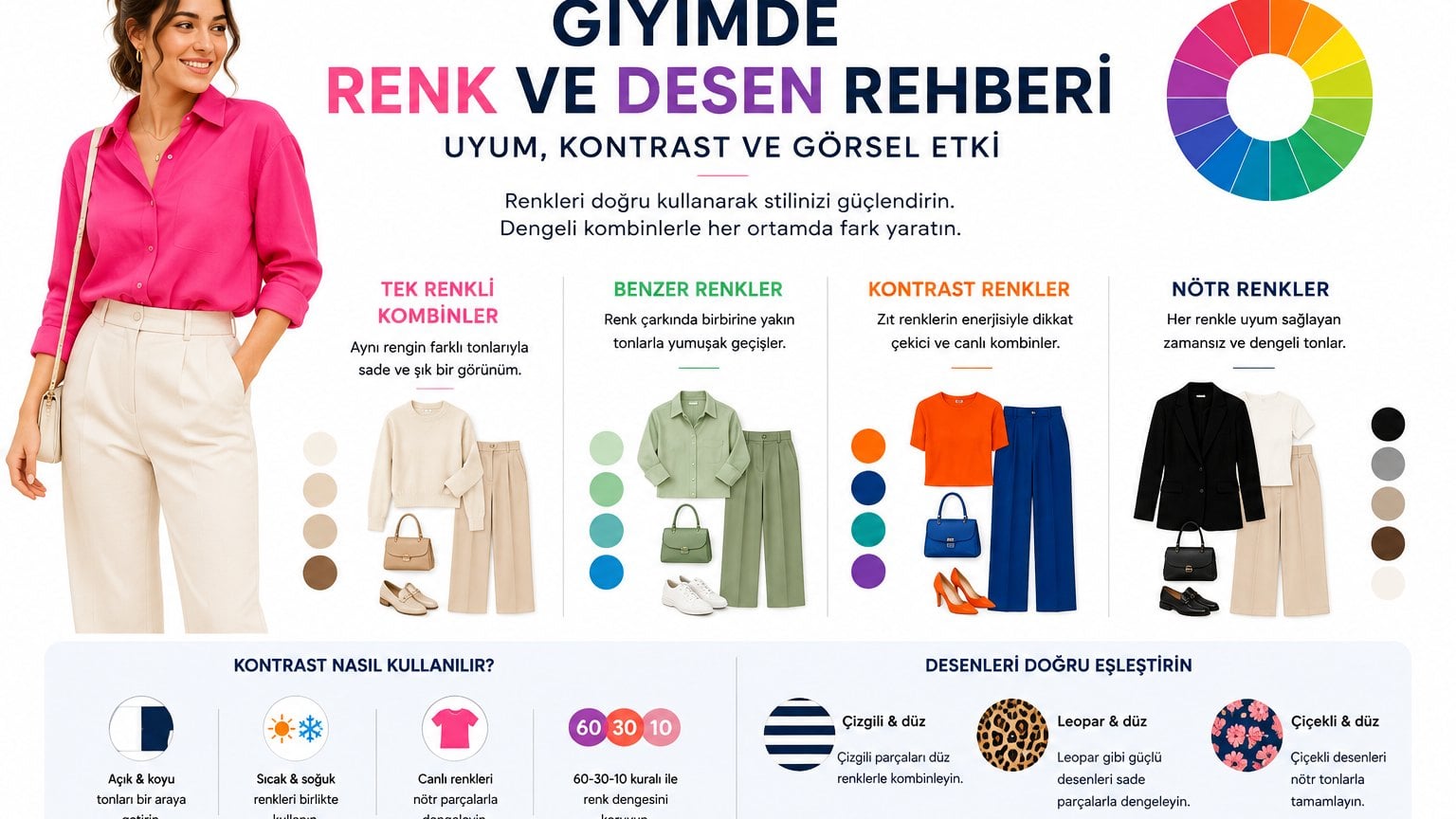 Giyimde renk ve desen rehberi uyum kontrast ve görsel etki kadın giyim kombin önerileri