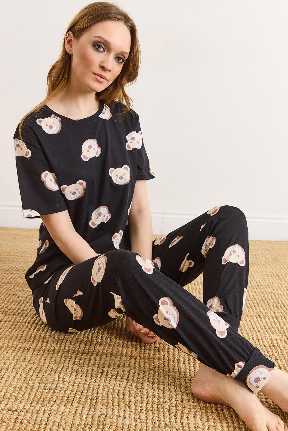 %100 Pamuk Kısa Kollu Dar Paça Pijama Takımı Siyah Ayıcık
