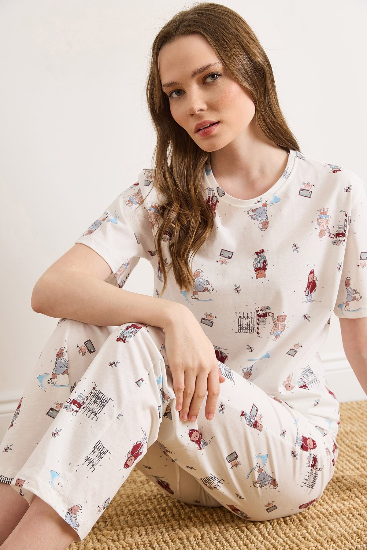 %100 Pamuk Şortlu Pijama Takım Ayıcık Beyaz