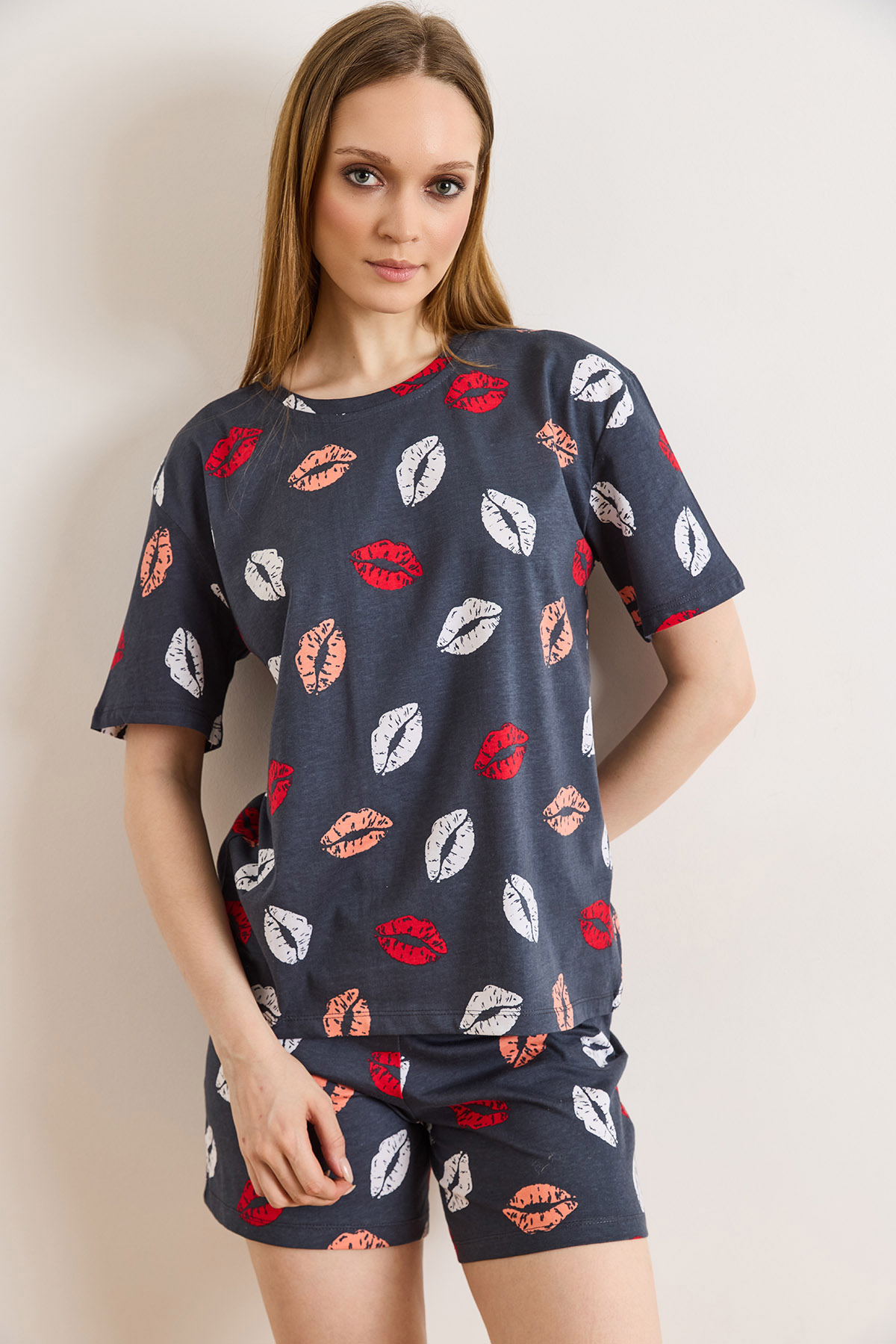 %100 Pamuk Şortlu Pijama Takım Dudak Antrasit