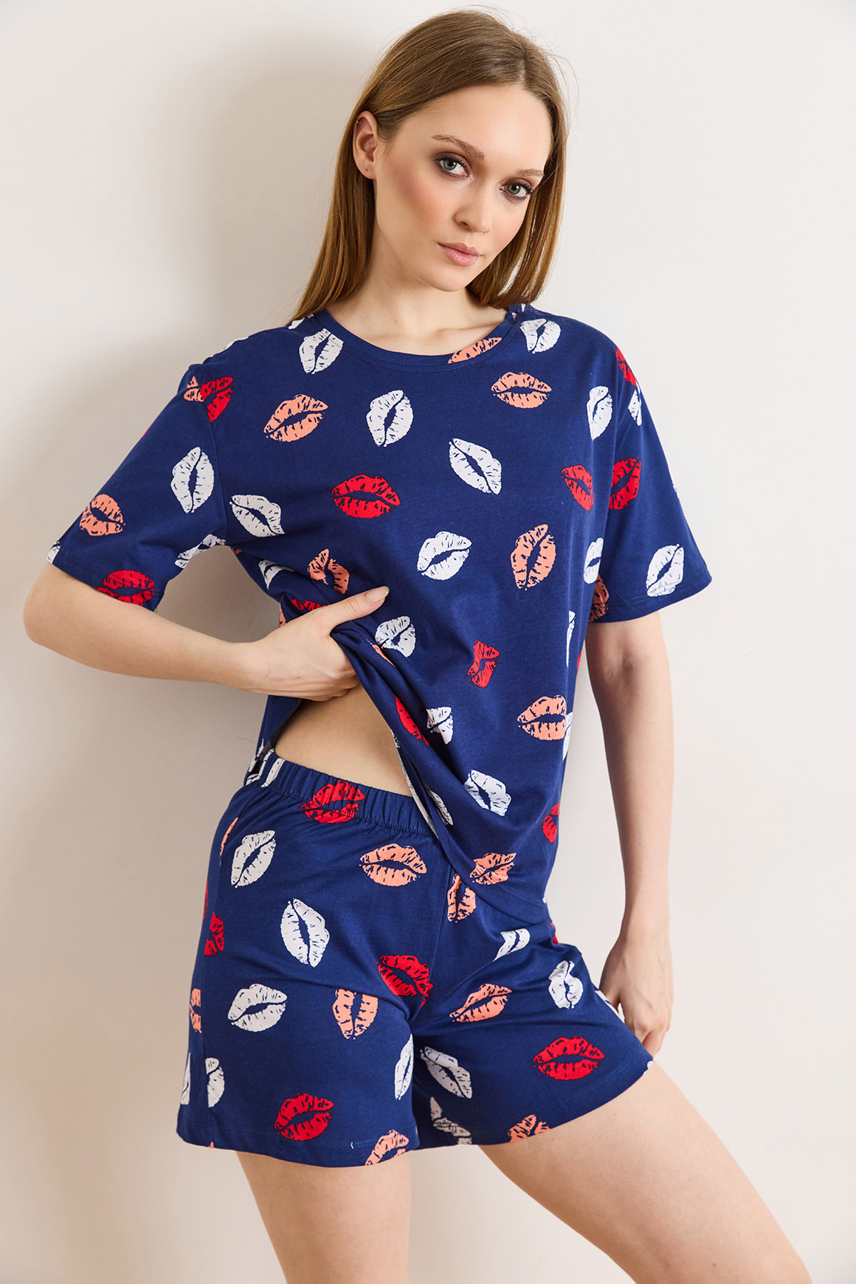 %100 Pamuk Şortlu Pijama Takım Dudak Lacivert