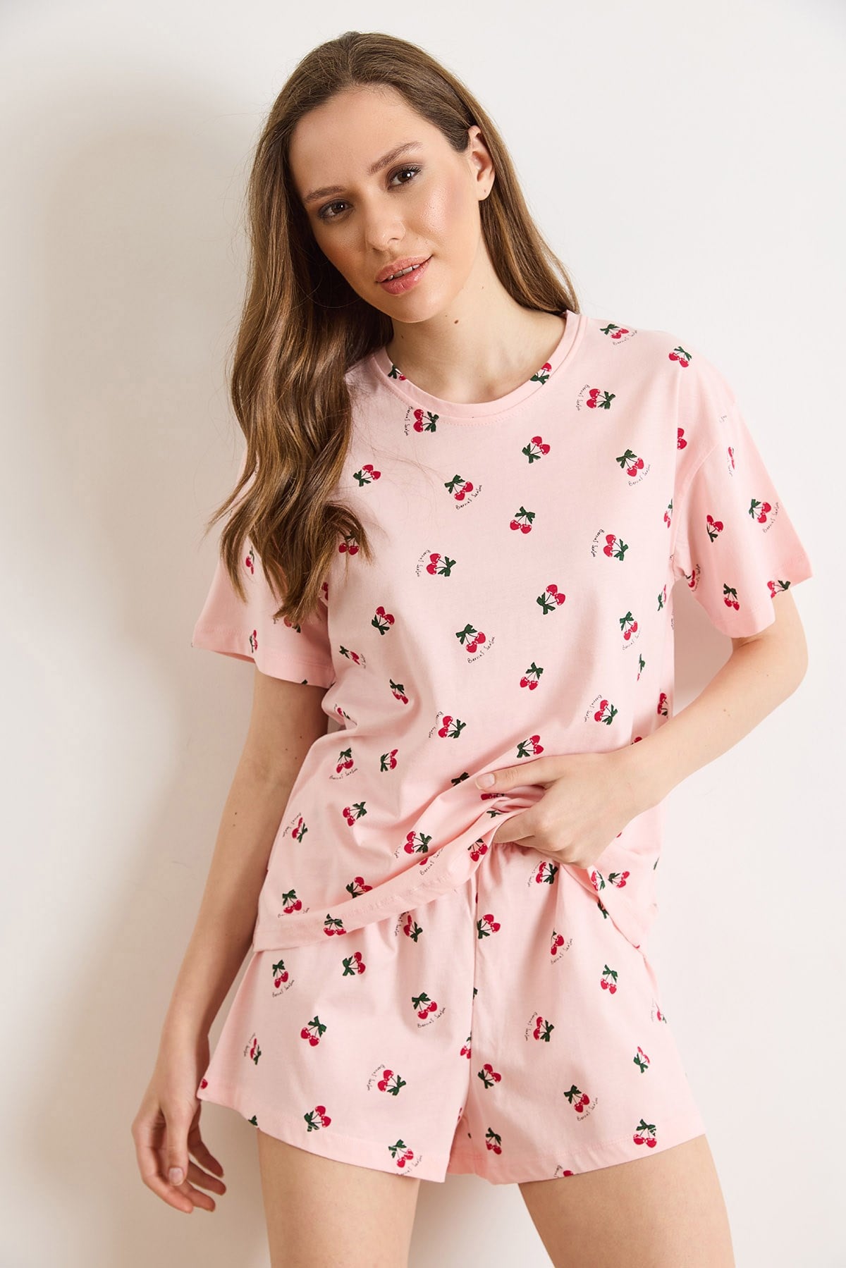 %100 Pamuk Şortlu Pijama Takım Kiraz Pembe