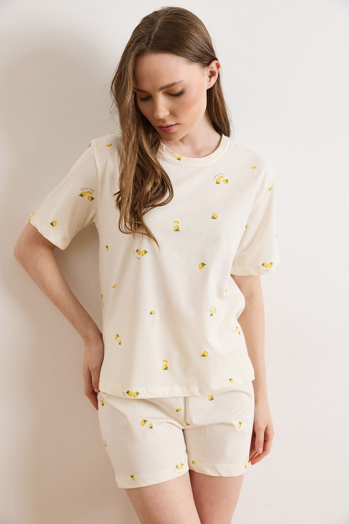 %100 Pamuk Şortlu Pijama Takım Limon Sarı