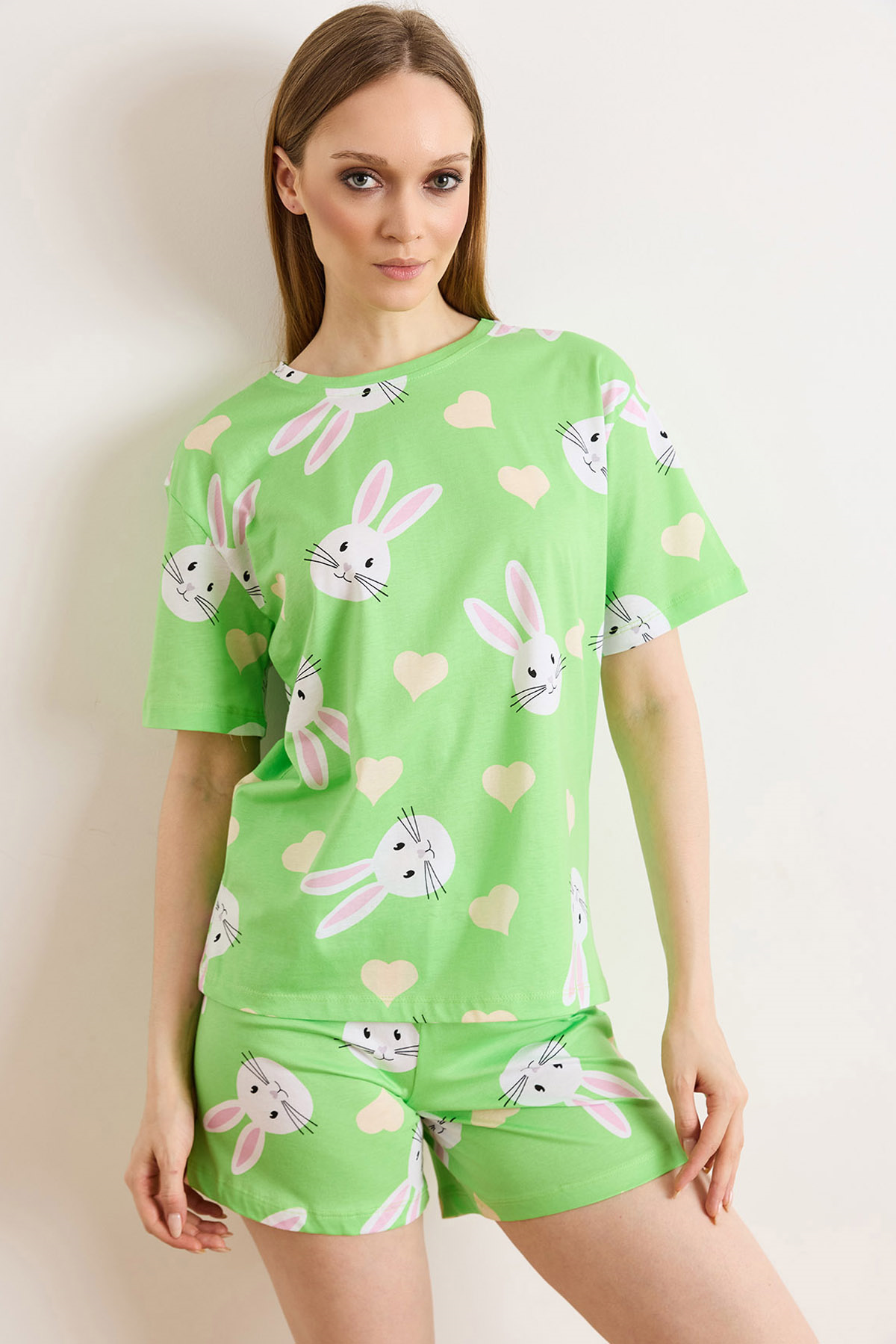 %100 Pamuk Şortlu Pijama Takım Tavşan Fıstık Yeşili
