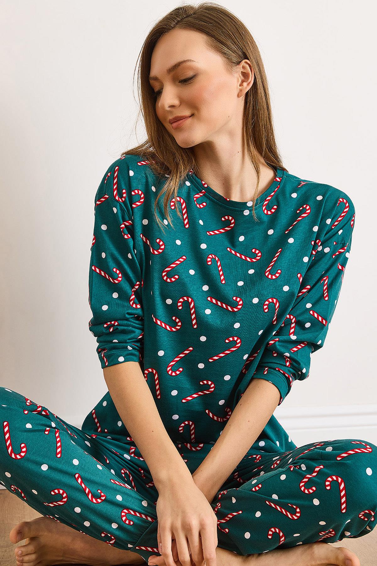 %100 Pamuk Uzun Kollu Dar Paça Pijama Takımı Şeker Yeşil