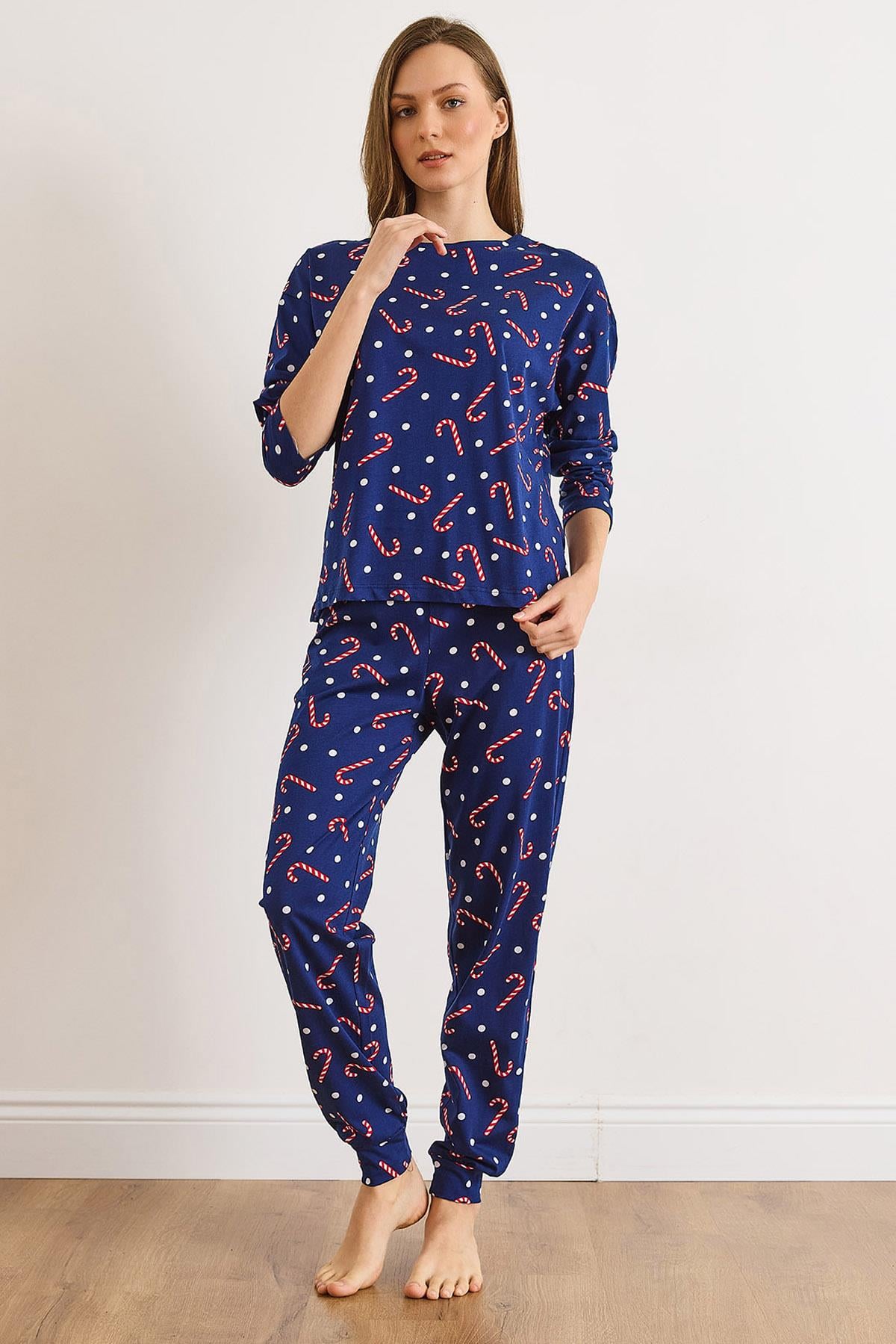 %100 Pamuk Uzun Kollu Dar Paça Pijama Takımı Şeker Lacivert