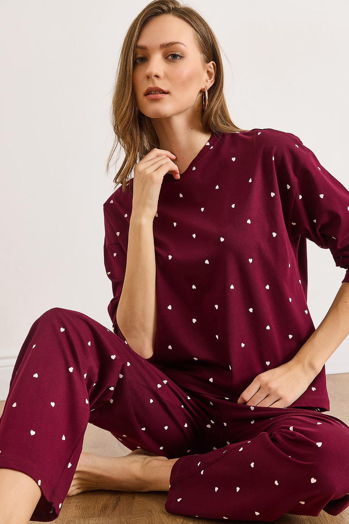 %100 Pamuk Uzun Kollu Pijama Takımı Bordo Kalp