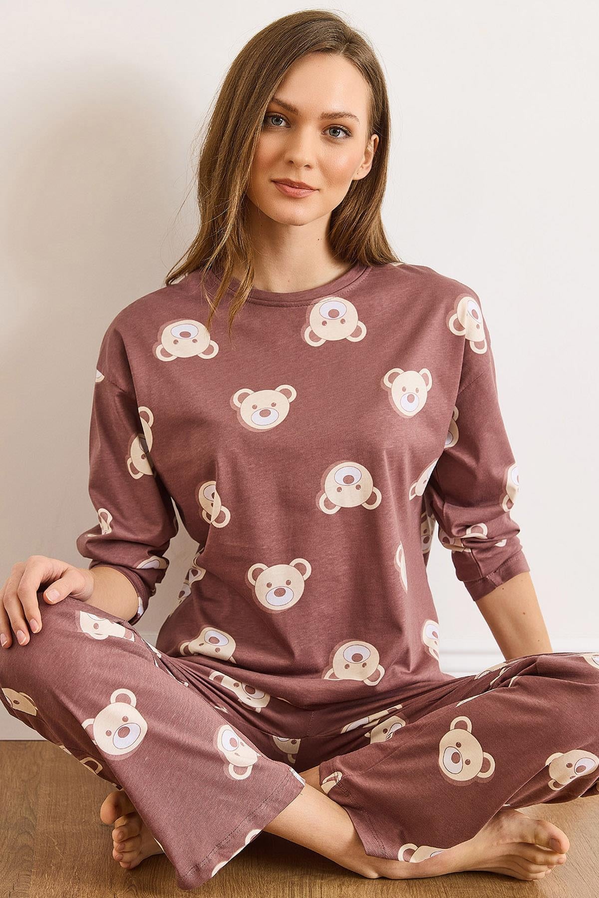 %100 Pamuk Uzun Kollu Pijama Takımı Kahverengi Ayıcık