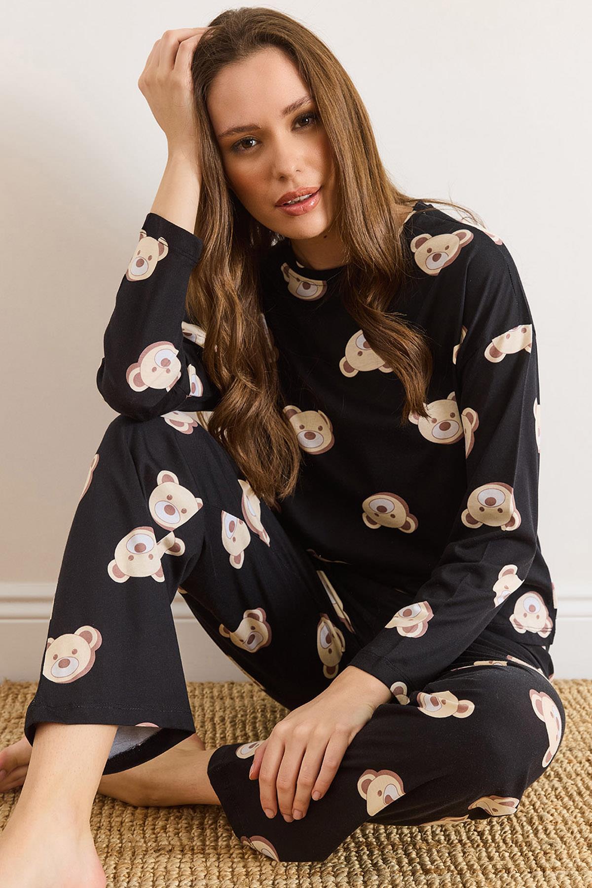 %100 Pamuk Uzun Kollu Pijama Takımı Siyah Ayıcık