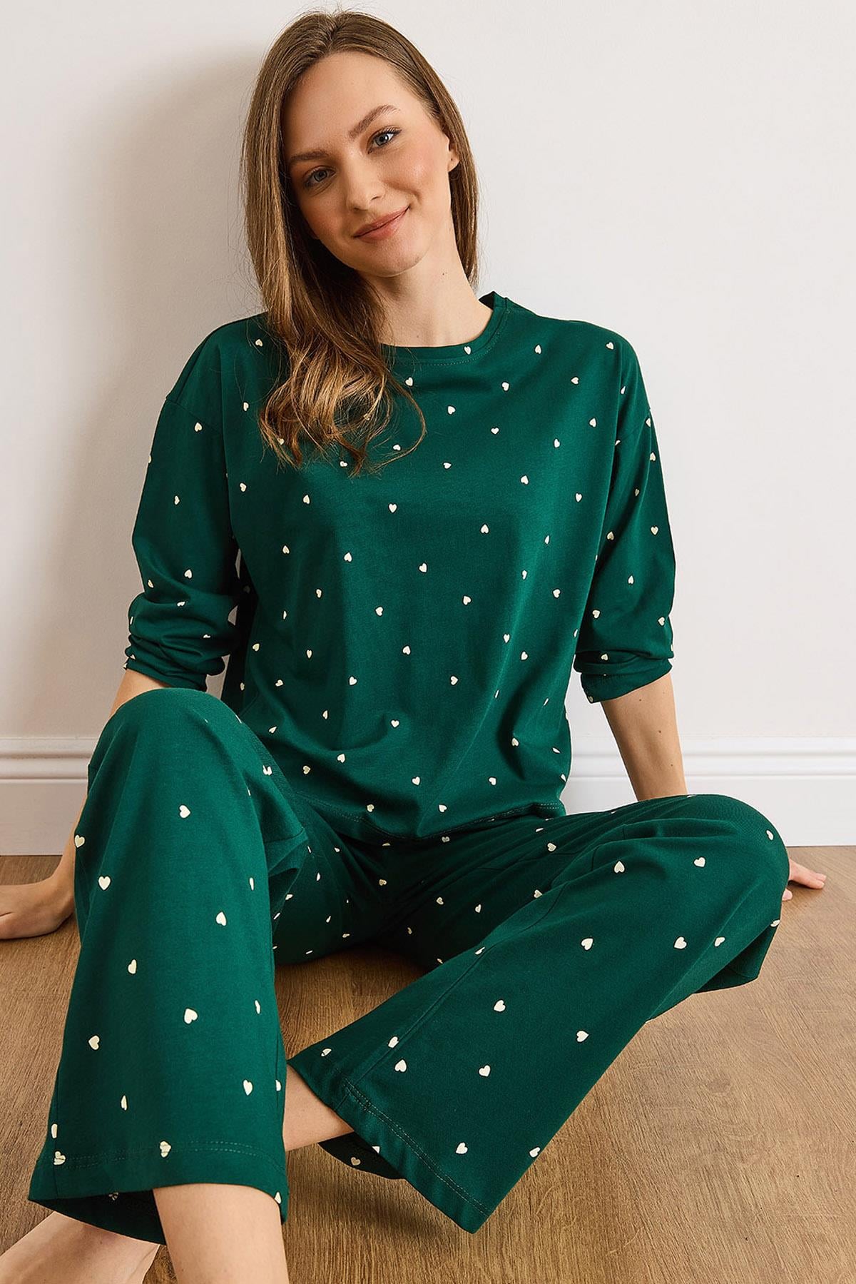 %100 Pamuk Uzun Kollu Pijama Takımı Yeşil Kalp