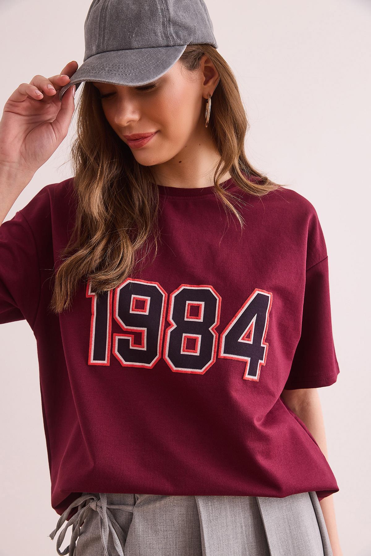 1984 Baskılı Rahat Kalıp 2 İp Tişört Bordo