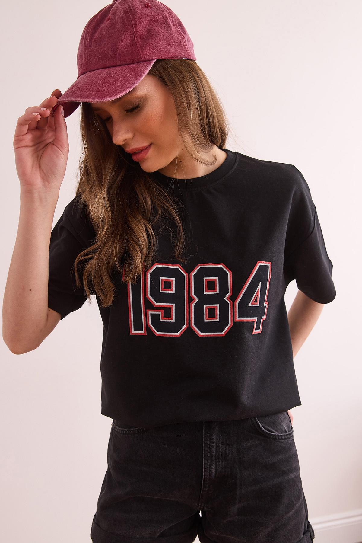 1984 Baskılı Rahat Kalıp 2 İp Tişört Siyah