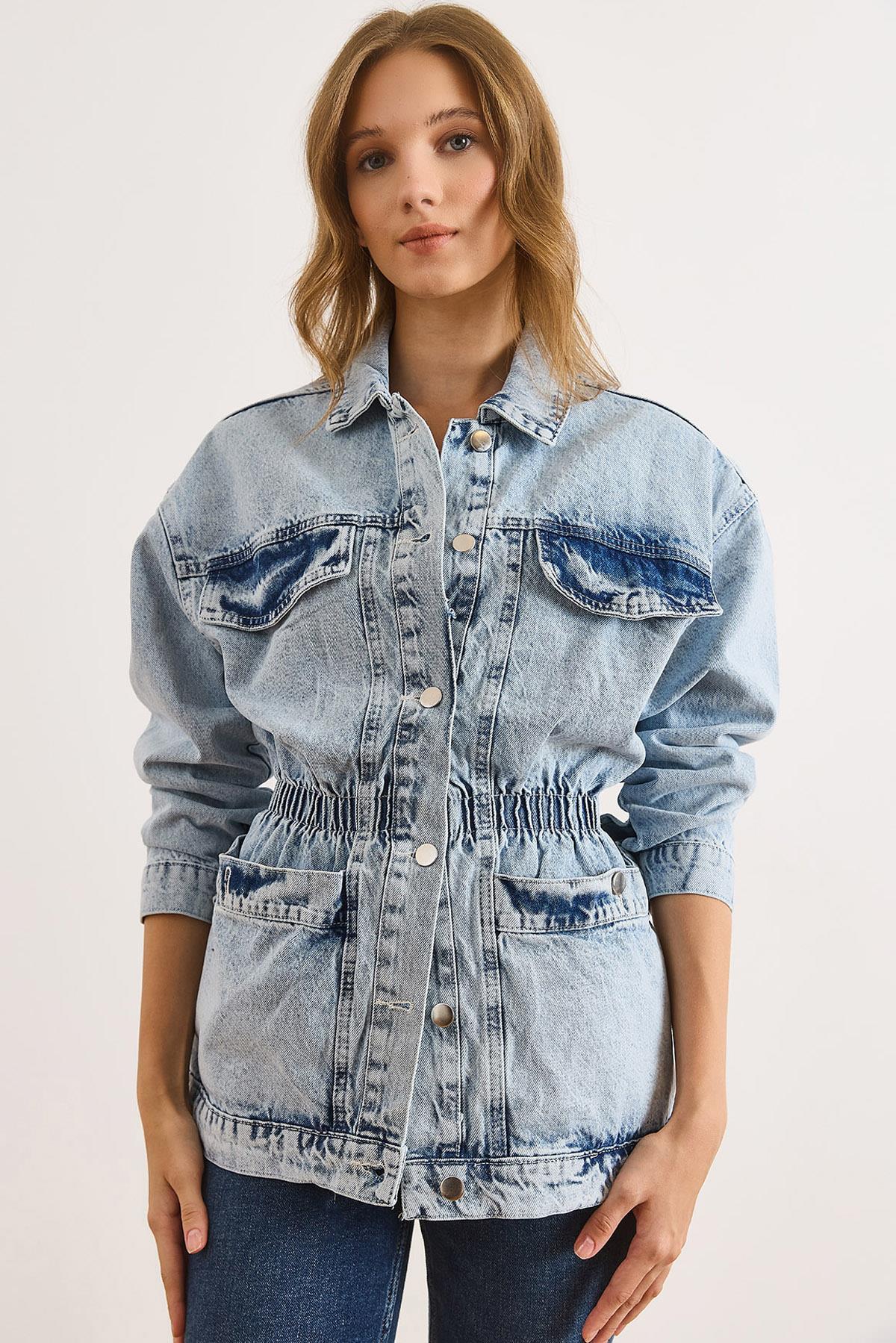 4 Cepli Beli Gipeli Uzun Denim Ceket Açık Mavi
