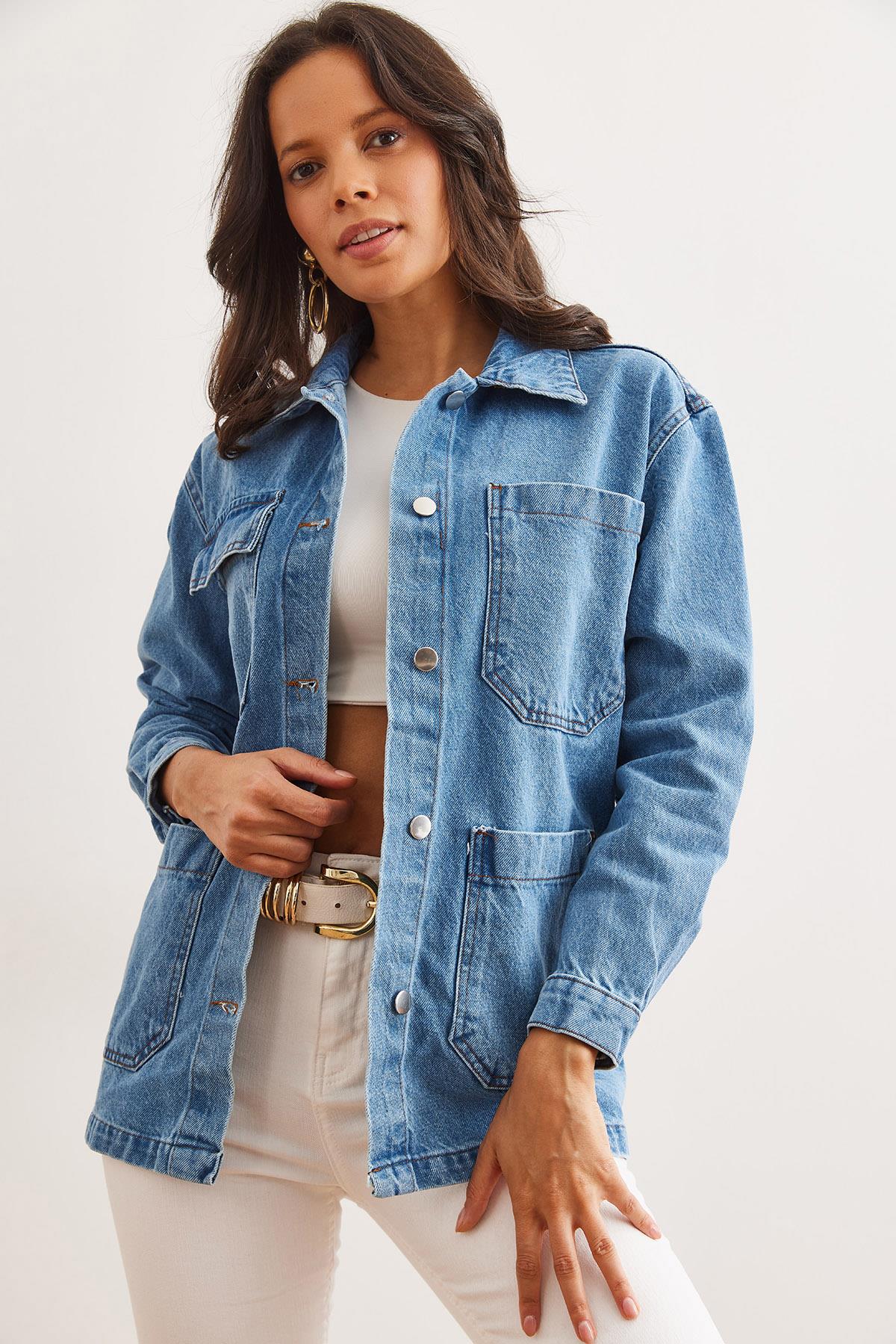 4 Cepli Düğmeli Denim Ceket Mavi