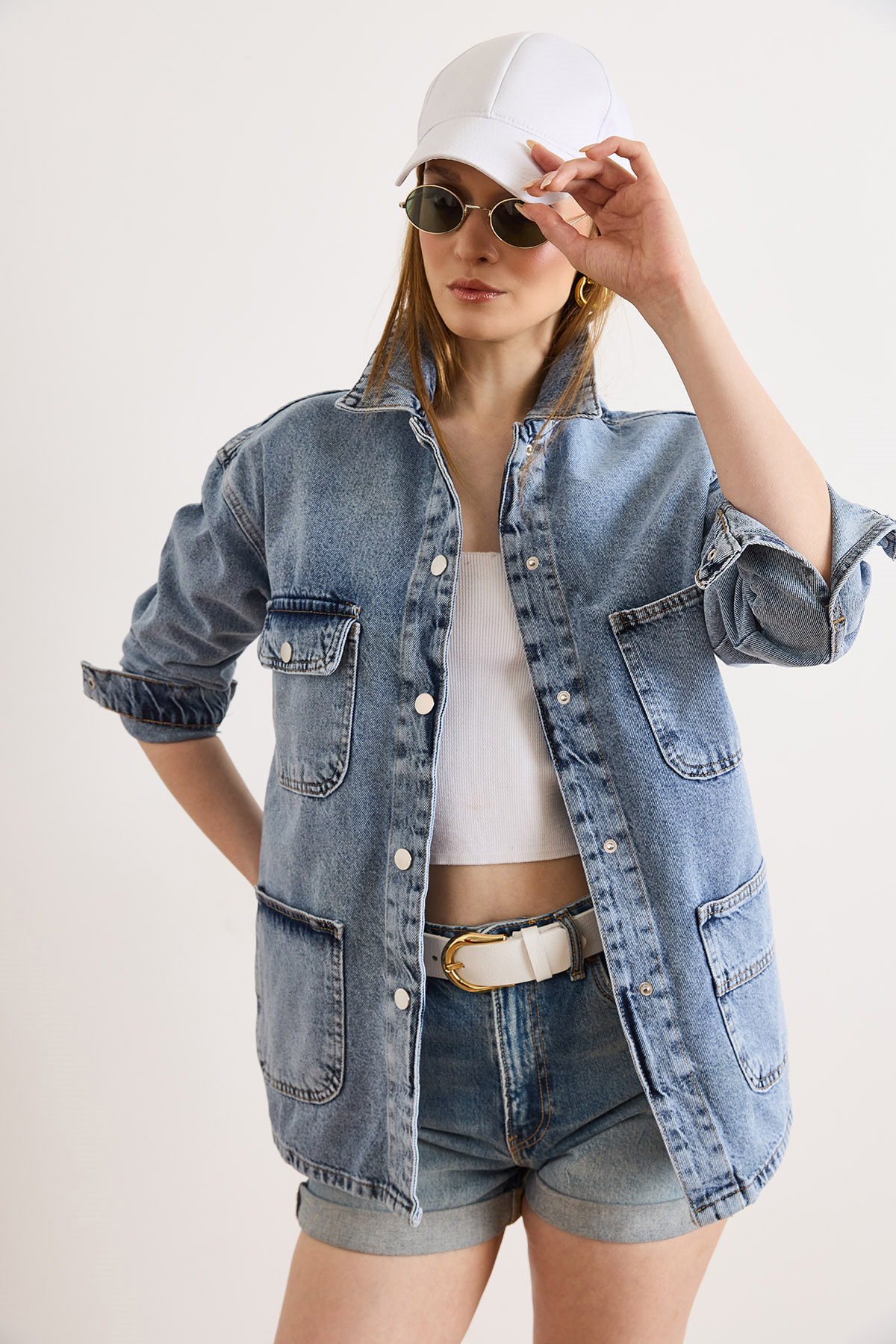 4 Cepli Tok Denim Ceket Açık Mavi
