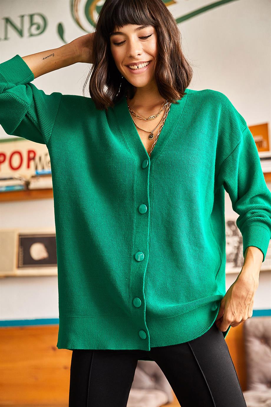 5 Düğmeli Yumuşak Dokulu Oversize Triko Hırka Yeşil